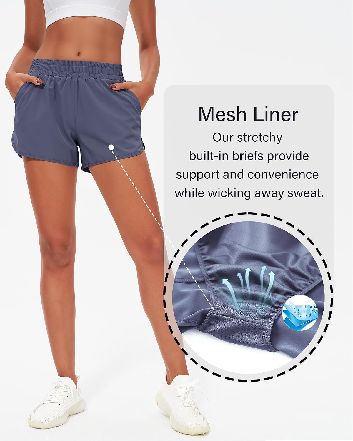 Stelle Womens 3″ Running Shorts Mesh Liner High Waisted Workout Shorts Quick Dry Dolphin Athletic Shorts with Pockets(Grey Blue)
