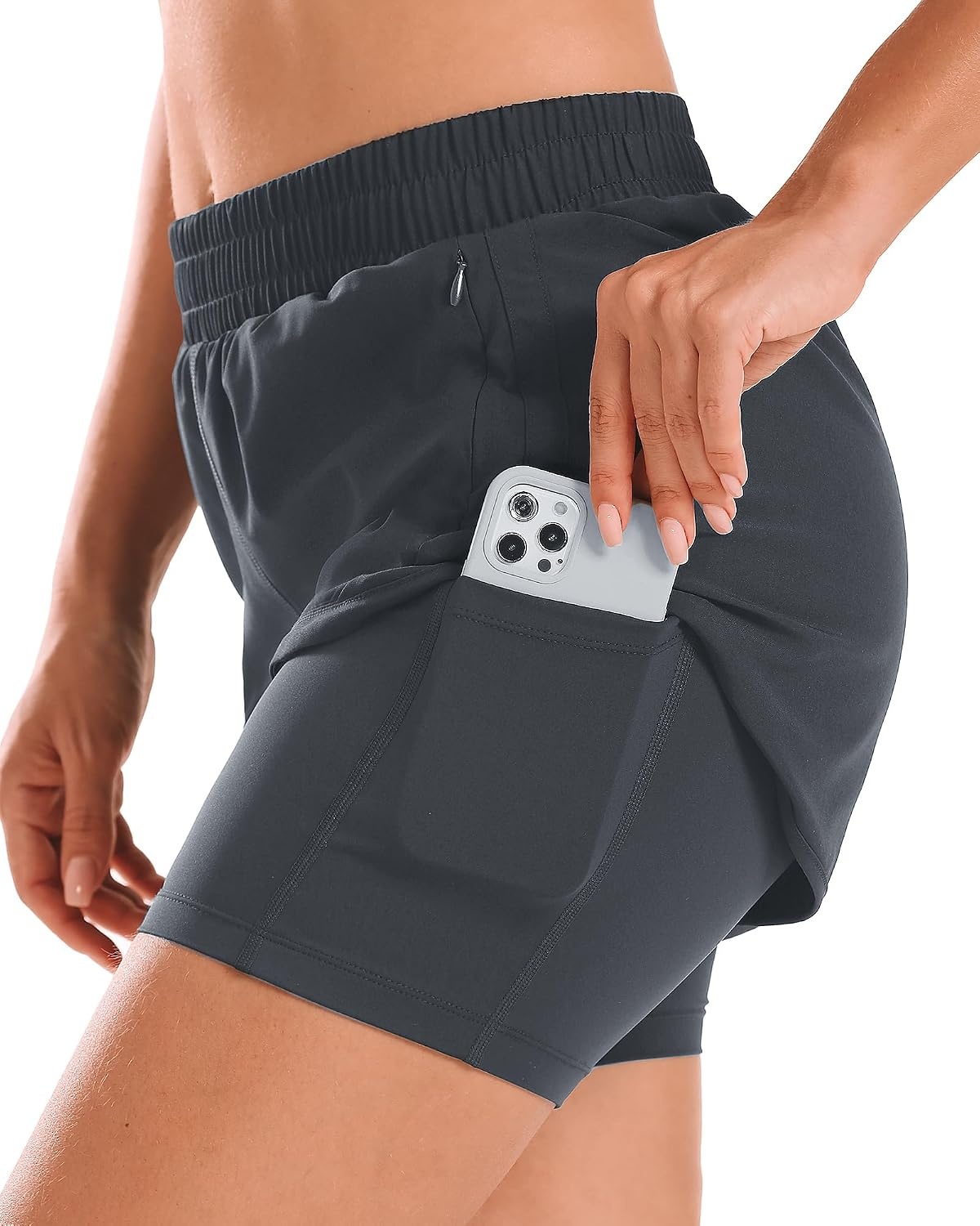 Stelle Women 2 in 1 Running Shorts High Waisted Athletic Shorts Gym Workout Shorts with Liner Zipper Pockets(Grey)