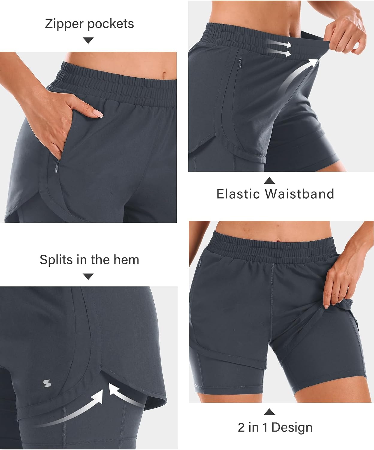Stelle Women 2 in 1 Running Shorts High Waisted Athletic Shorts Gym Workout Shorts with Liner Zipper Pockets(Grey)