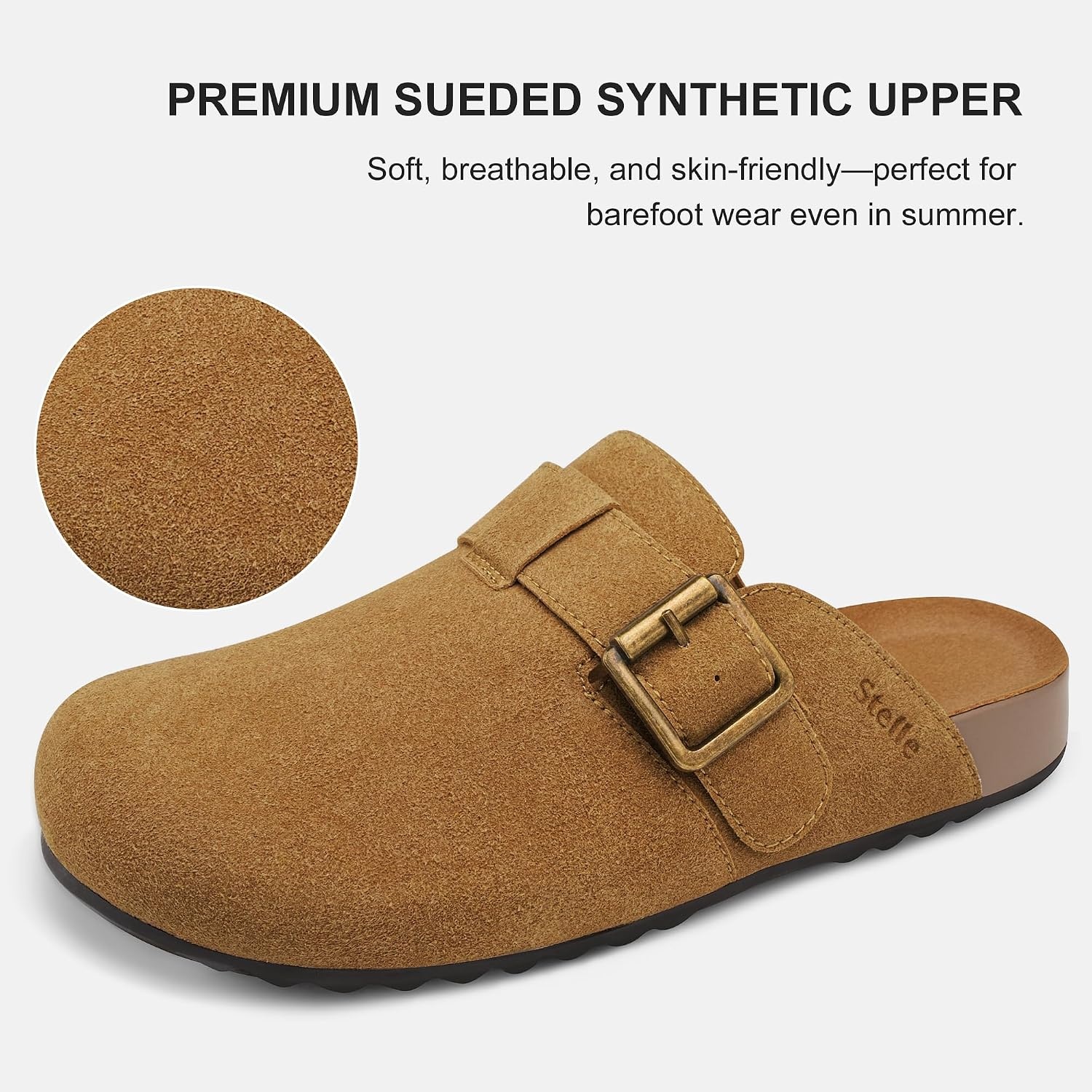 Stelle Suede Clogs for Women Men Potato Shoes with Arch Support Leather Cork Footbed Mules Slip on Home Slippers(Caramel)