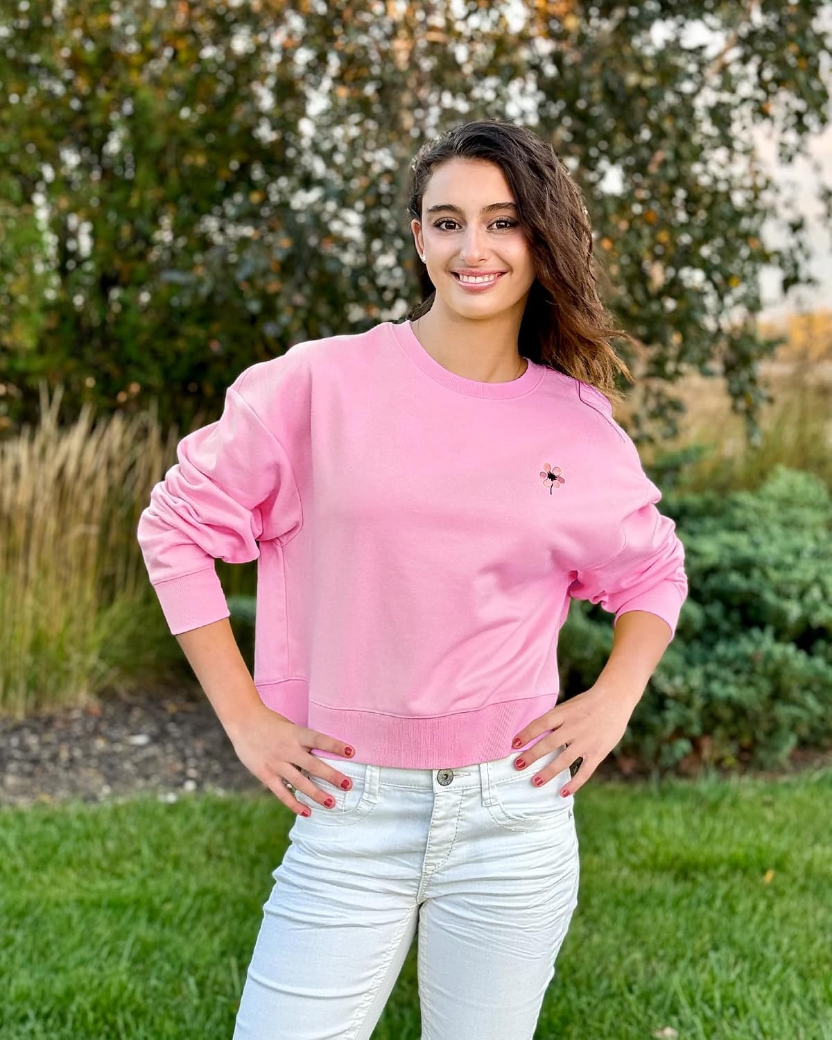Stelle Cropped Sweatshirt for Women Crewneck Pullover Tops Oversized Long Sleeve Lightweight Casual Cotton Sweat Shirts(Bubblegum)