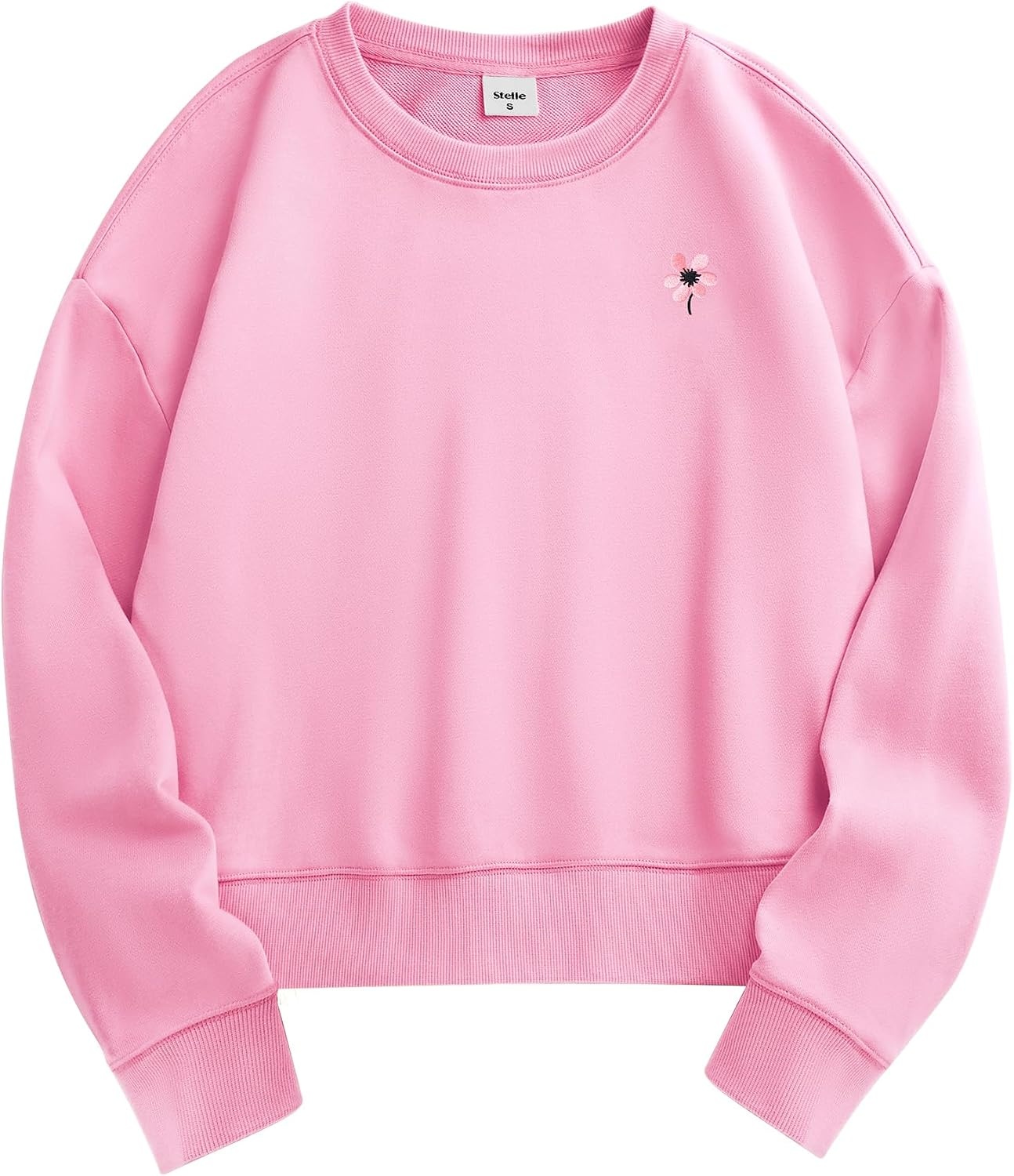 Stelle Cropped Sweatshirt for Women Crewneck Pullover Tops Oversized Long Sleeve Lightweight Casual Cotton Sweat Shirts(Bubblegum)