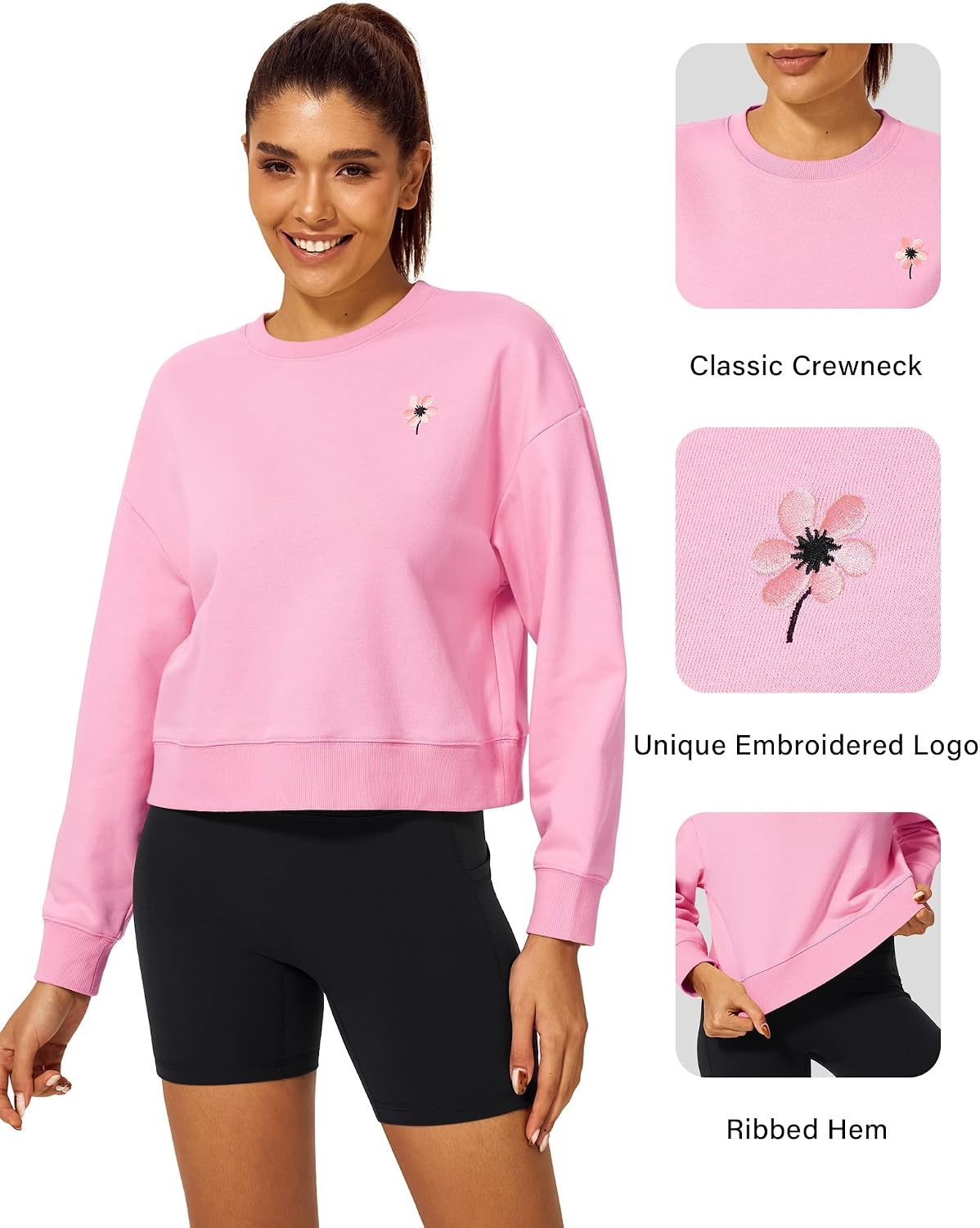 Stelle Cropped Sweatshirt for Women Crewneck Pullover Tops Oversized Long Sleeve Lightweight Casual Cotton Sweat Shirts(Bubblegum)