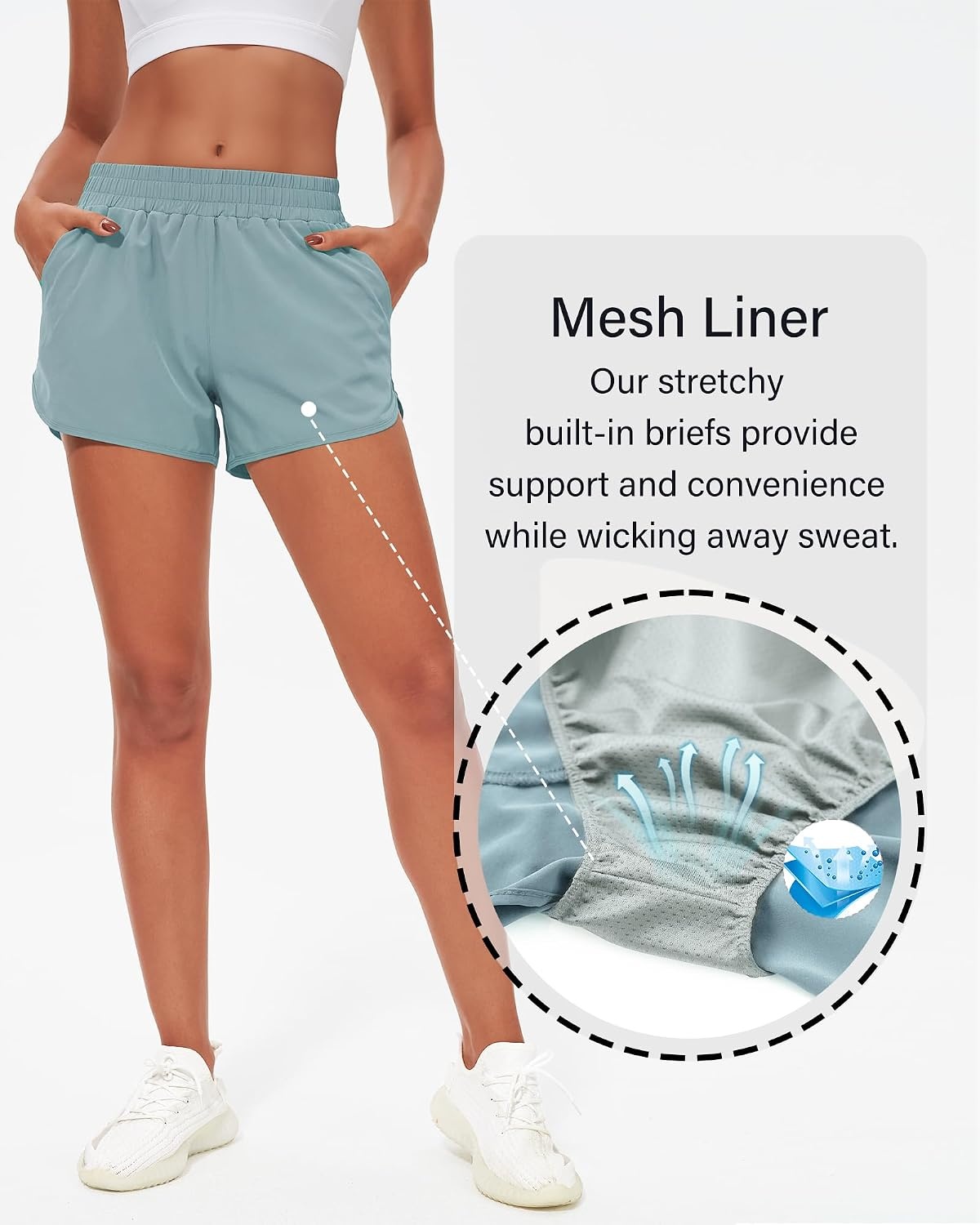 Stelle Womens 3″ Running Shorts Mesh Liner High Waisted Workout Shorts Quick Dry Dolphin Athletic Shorts with Pockets(Blue)