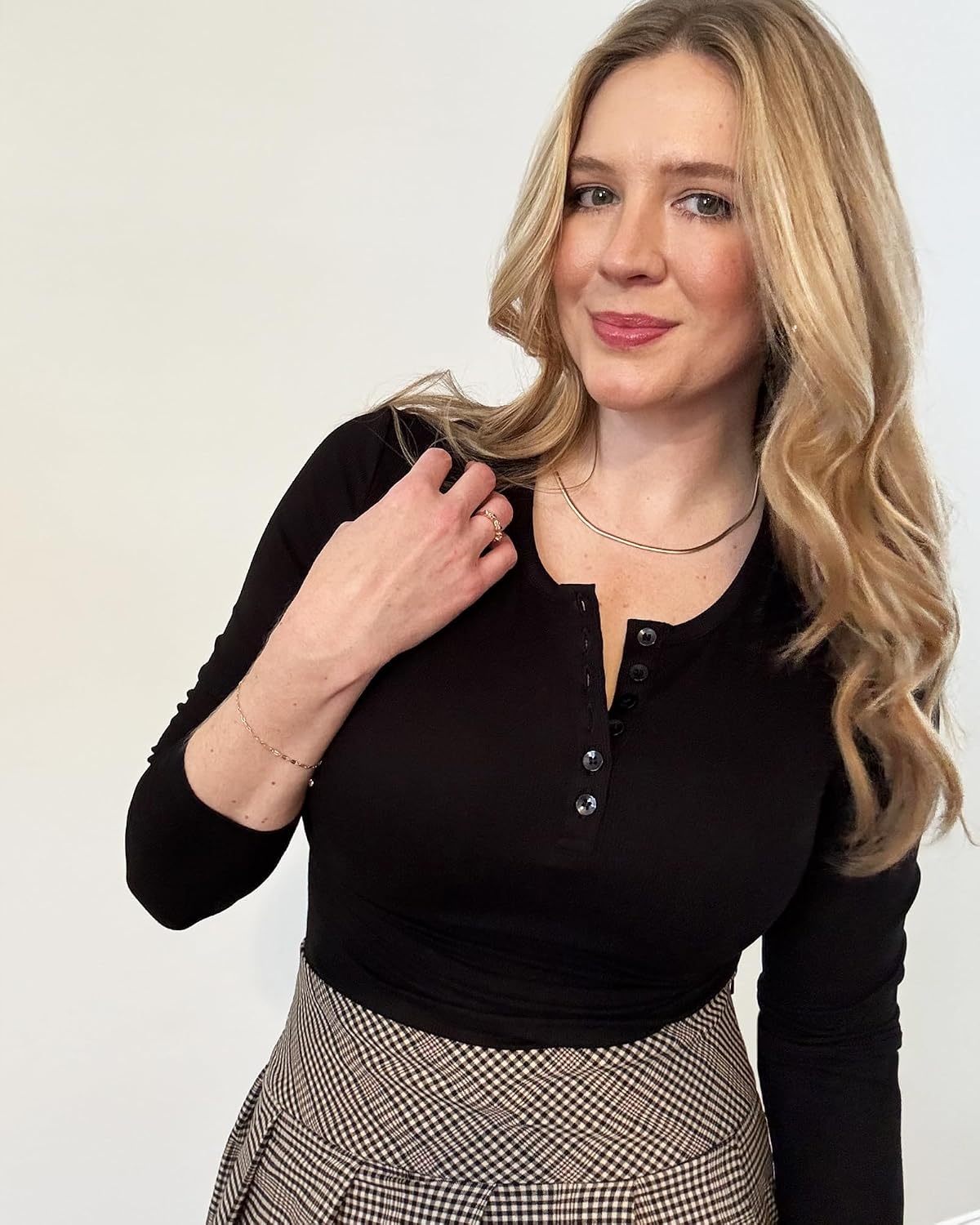 Stelle Women Henley Long Sleeve Crop Tops Ribbed Knit Button Slim Fitted Tops Casual Basic T Shirts(Black-2)