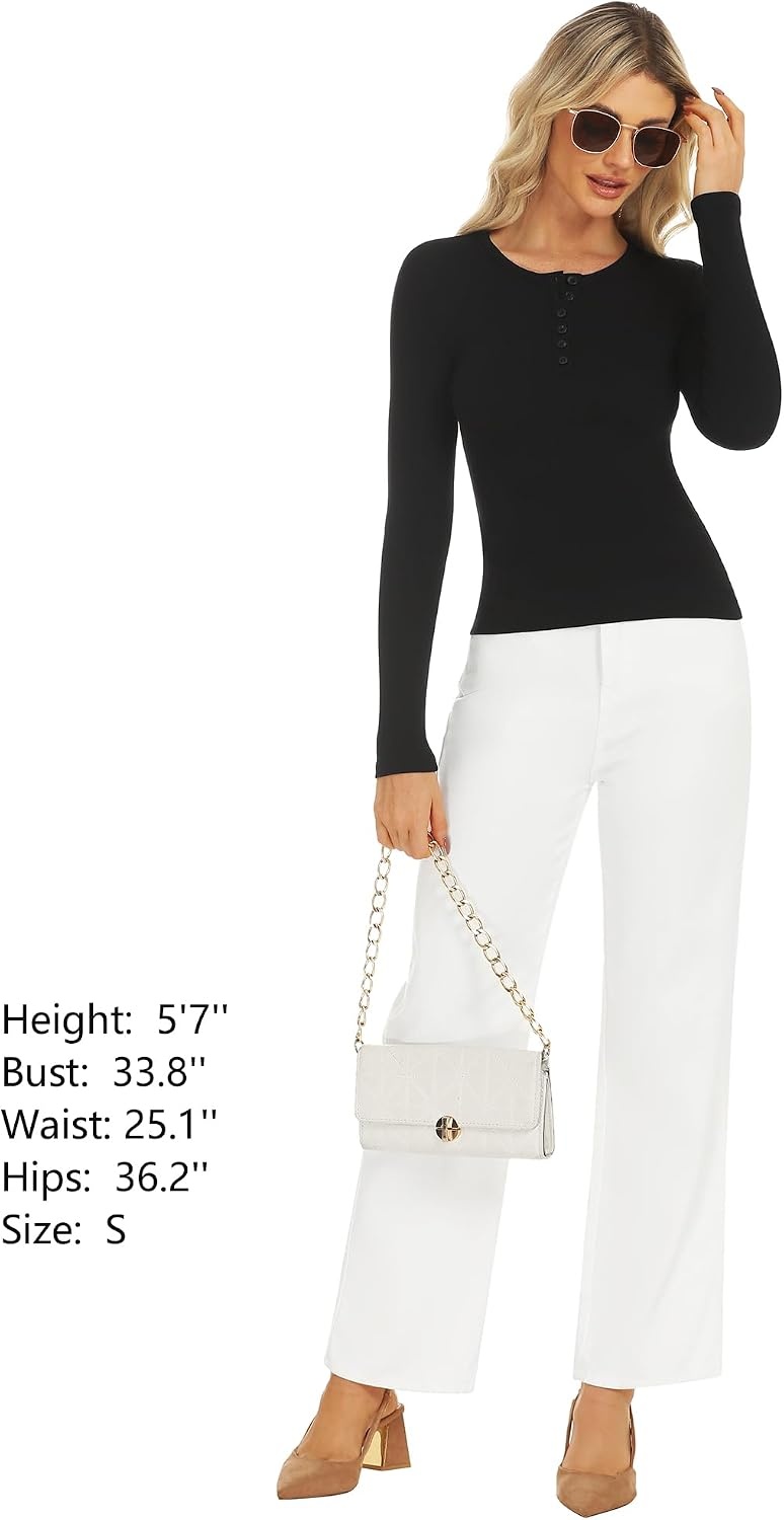 Stelle Women Henley Long Sleeve Crop Tops Ribbed Knit Button Slim Fitted Tops Casual Basic T Shirts(Black-2)