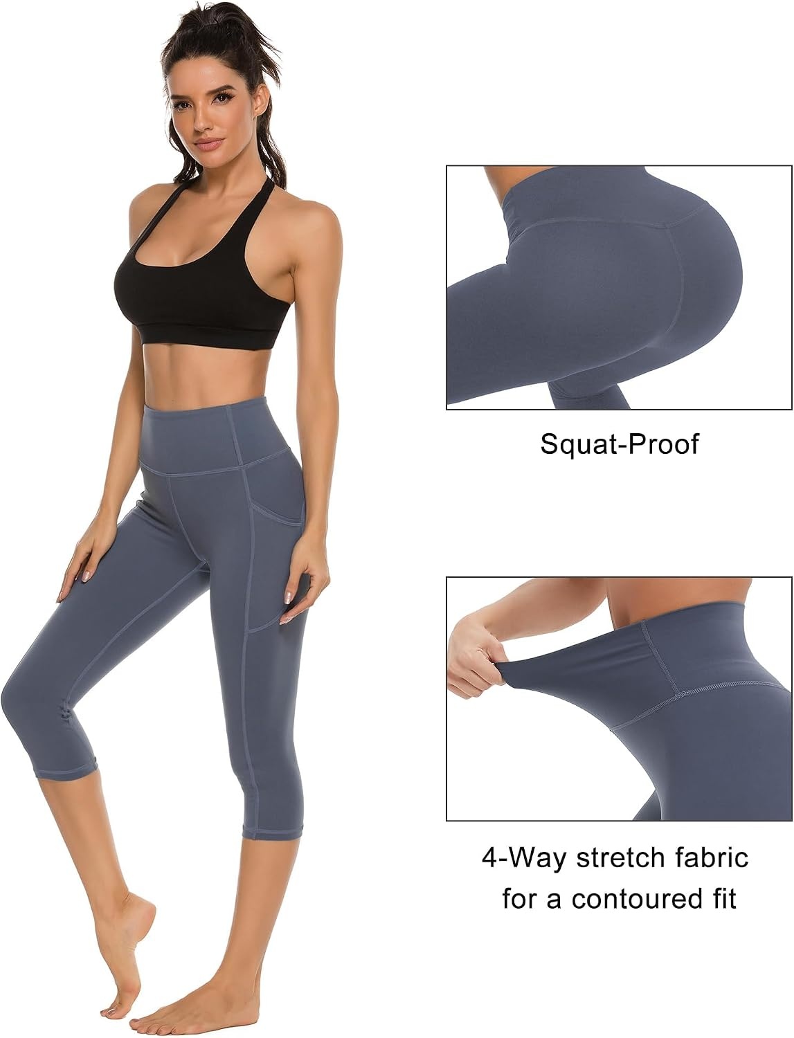 Stelle Women’s Capri Yoga Pants with Pockets Essential High Waisted Leggings for Workout(Cotton Like Softness-grey Blue)