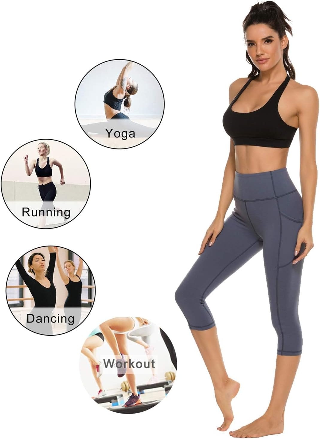 Stelle Women’s Capri Yoga Pants with Pockets Essential High Waisted Leggings for Workout(Cotton Like Softness-grey Blue)