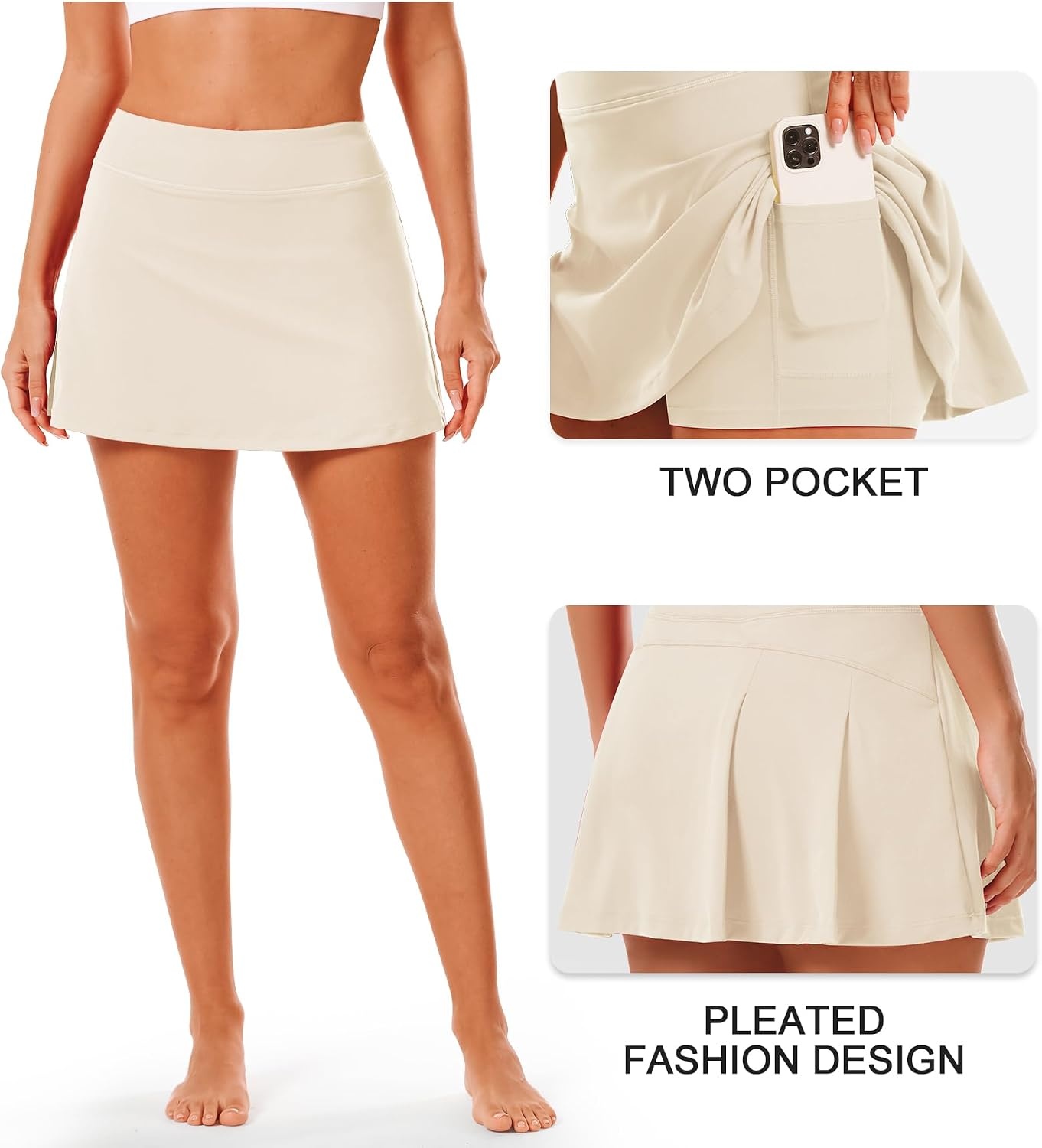 Stelle Women Tennis Skirt Golf Skorts Athletic High Waisted with Pockets Inner Shorts Sport Workout Pleated Pickleball(White Beige)
