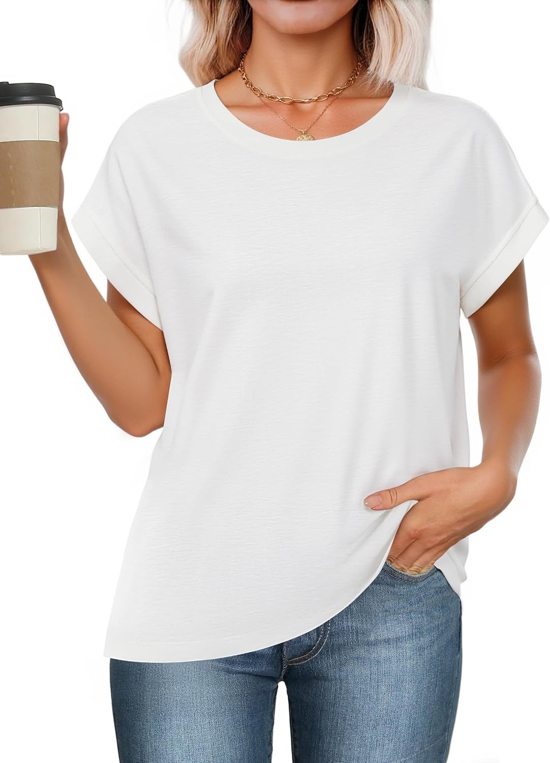 Stelle Women Modal Soft Crewneck Cap Short Sleeve T Shirts Summer Tops Trendy Basic Casual Clothes 2025(Off-white)