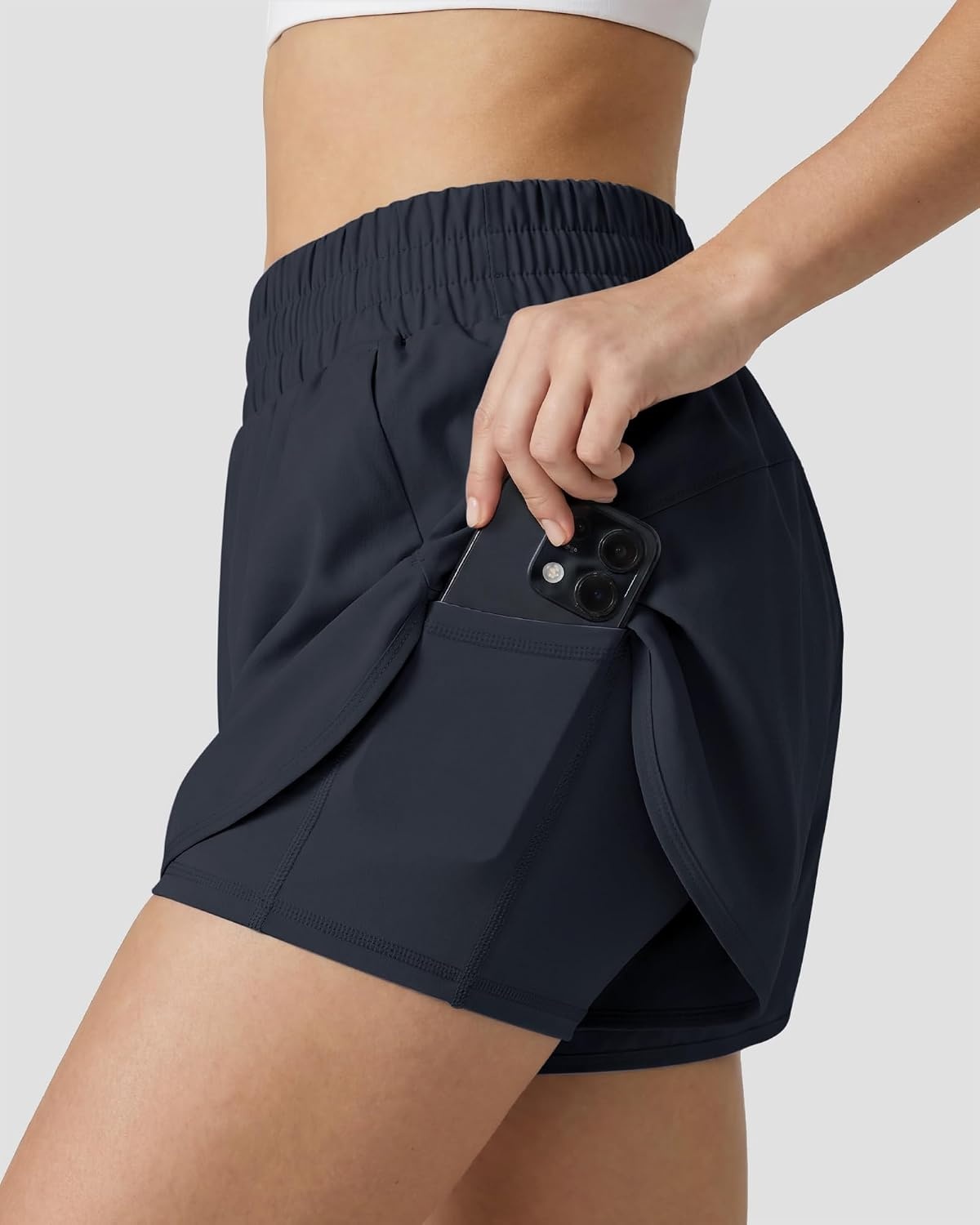 Stelle 2 in 1 Womens Running Shorts High Waisted Athletic Workout Gym Short with Zip Pockets(Navy)