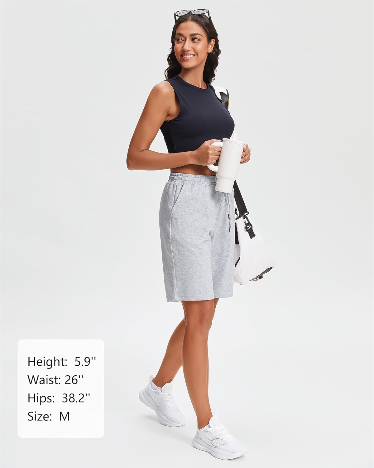 Stelle Women’s Cotton Bermuda Shorts 10″ Long Knee Length Comfy Sweat Shorts with Deep Pockets Lounge Casual Summer(10″ (Light) Grey)