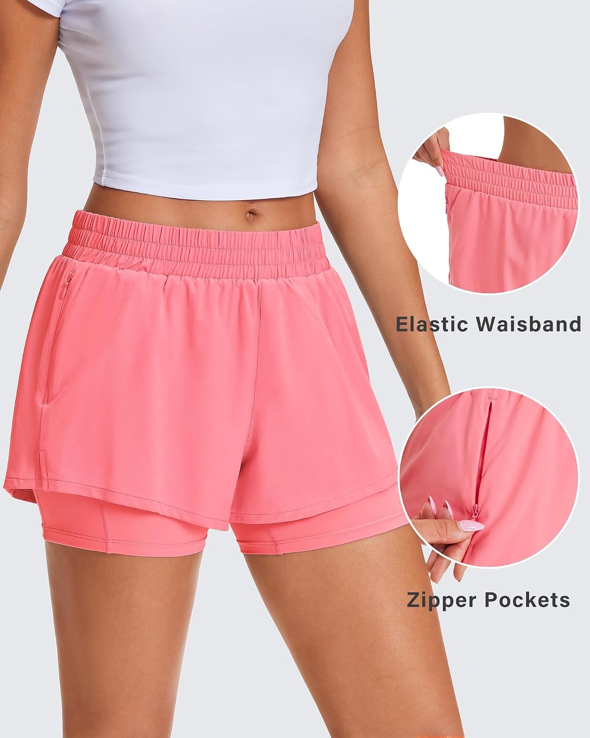 Stelle Women’s 2 in 1 Running Shorts Athletic Workout Gym Shorts High Waisted Shorts with Liner Zipper Pockets(Coral)
