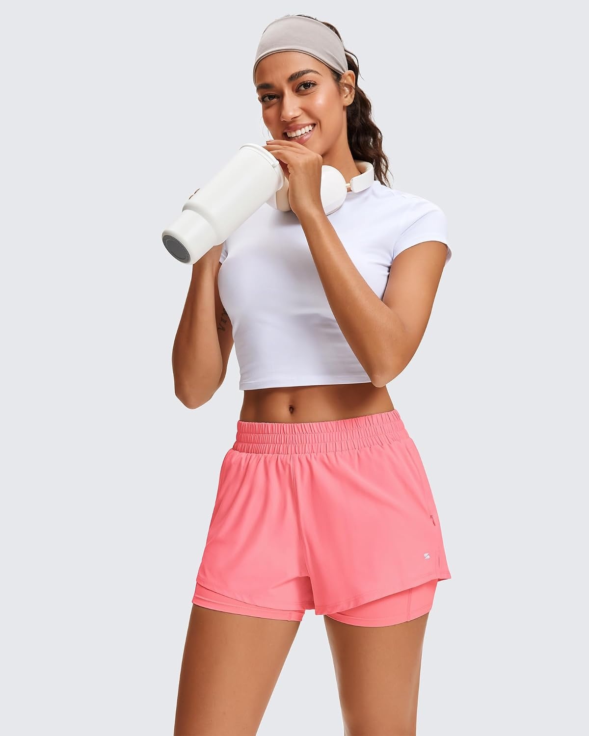 Stelle Women’s 2 in 1 Running Shorts Athletic Workout Gym Shorts High Waisted Shorts with Liner Zipper Pockets(Coral)