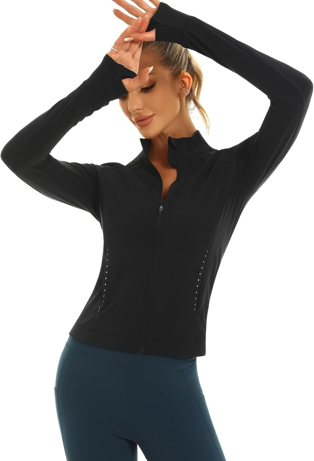 Stelle Women’s Zip Up Jackets Lightweight Athletic Running Jacket Workout Slim Fit Yoga Track Clothes with Thumb Holes(Black)