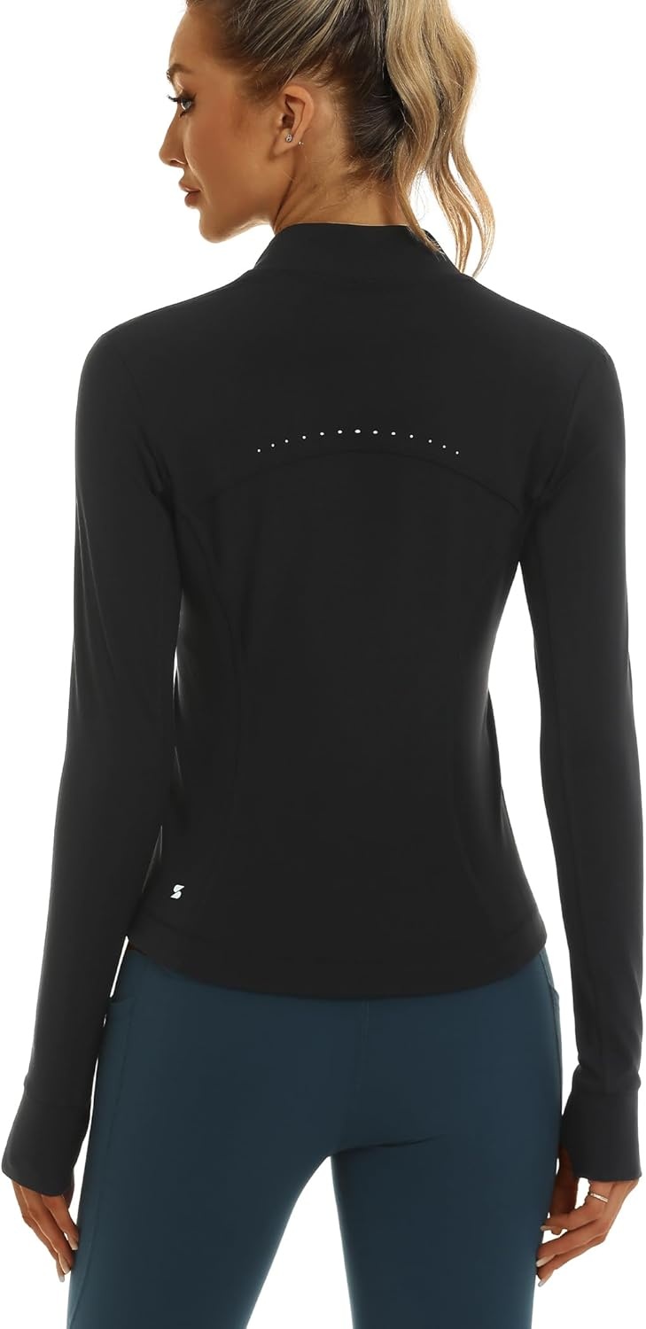 Stelle Women’s Zip Up Jackets Lightweight Athletic Running Jacket Workout Slim Fit Yoga Track Clothes with Thumb Holes(Black)