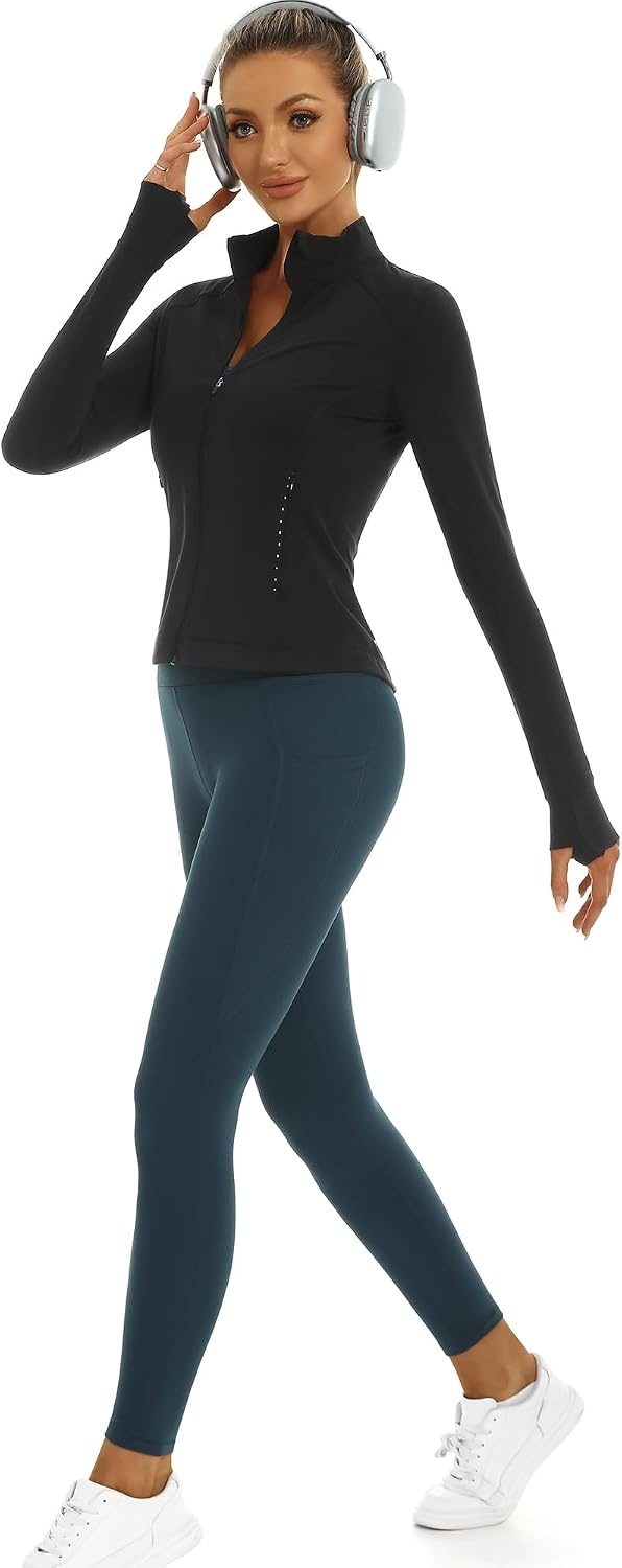 Stelle Women’s Zip Up Jackets Lightweight Athletic Running Jacket Workout Slim Fit Yoga Track Clothes with Thumb Holes(Black)
