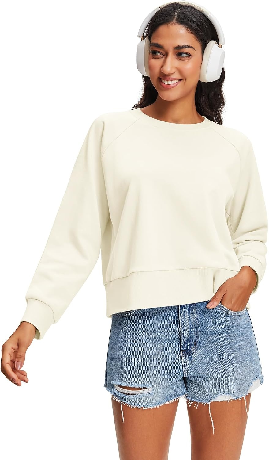 Stelle Cropped Sweatshirts for Women Cotton Raglan Sleeve Crop Tops Crewneck Pullover Sweat Shirts(A-off White)