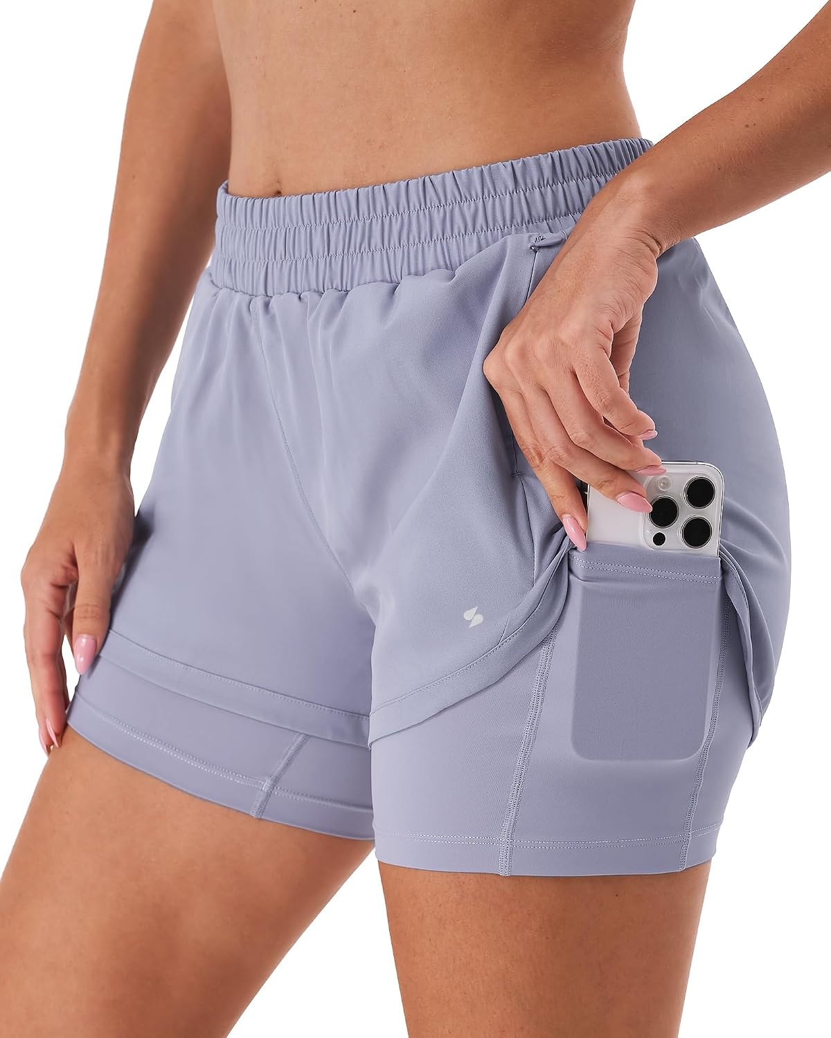 Stelle Women 2 in 1 Running Shorts High Waisted Athletic Shorts Gym Workout Shorts with Liner Zipper Pockets(Purple Haze)