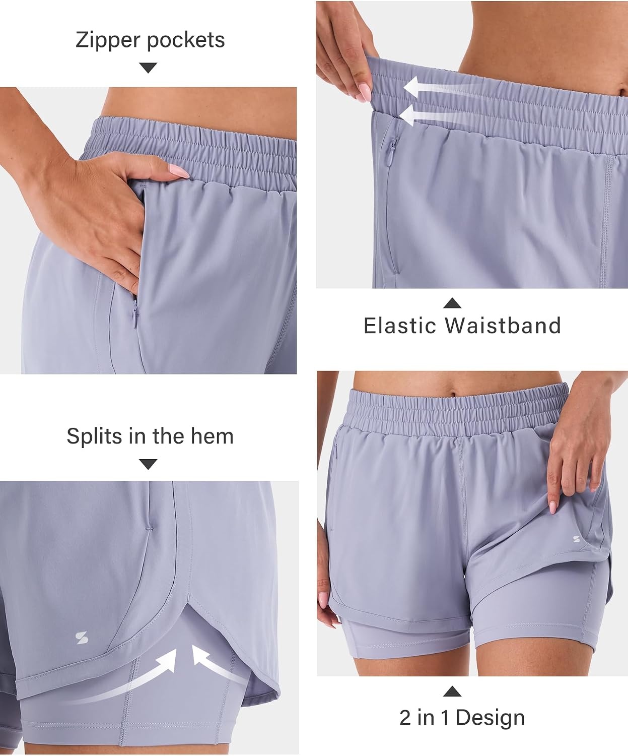 Stelle Women 2 in 1 Running Shorts High Waisted Athletic Shorts Gym Workout Shorts with Liner Zipper Pockets(Purple Haze)