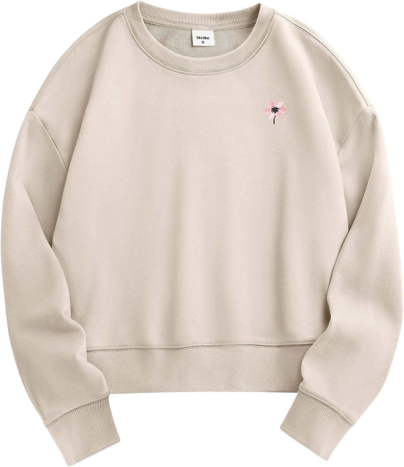 Stelle Cropped Sweatshirt for Women Crewneck Pullover Tops Oversized Long Sleeve Lightweight Casual Cotton Sweat Shirts(Oat Milk)