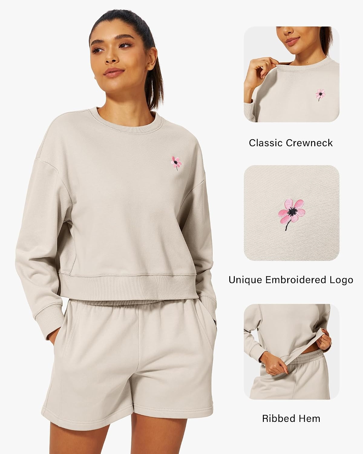 Stelle Cropped Sweatshirt for Women Crewneck Pullover Tops Oversized Long Sleeve Lightweight Casual Cotton Sweat Shirts(Oat Milk)