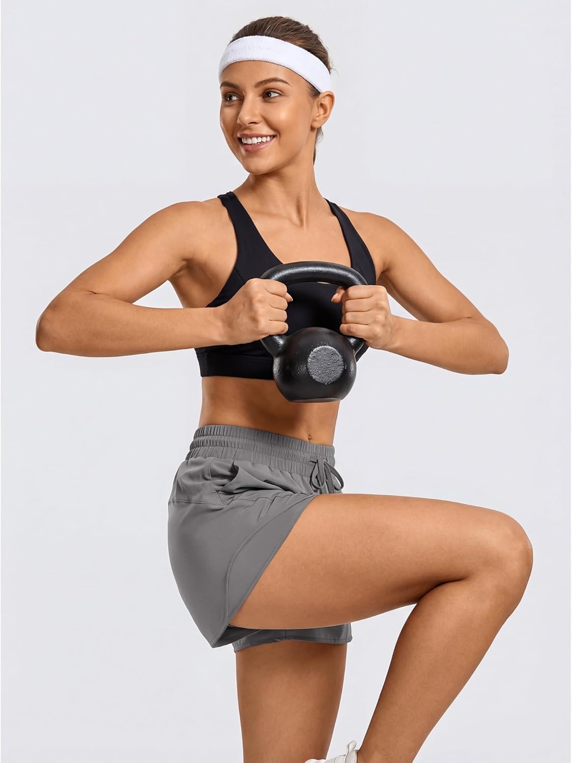 Stelle Women Running Shorts with Pockets High Waisted Drawstring Athletic Workout Quick-Dry Gym Shorts Mesh Liner(Smoke Grey)