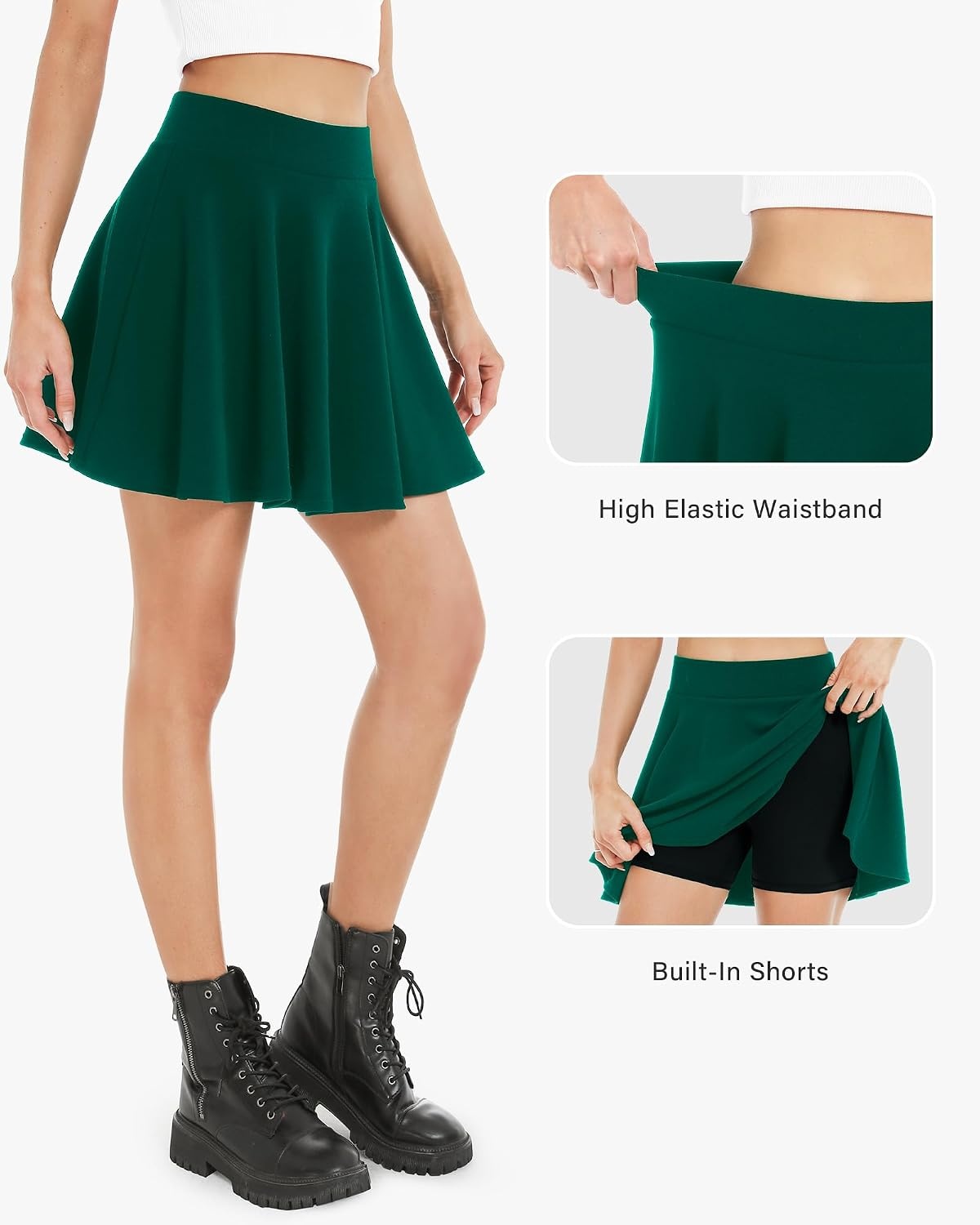 Stelle Women’s Casual Skort with Shorts Basic Versatile Stretchy Flared Pleated Skater Mini Skirts(Green)