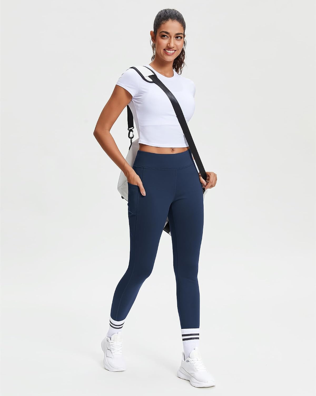 Stelle 27″ Fleece Lined High-Waisted Women Leggings with Pockets for Winter(Navy)