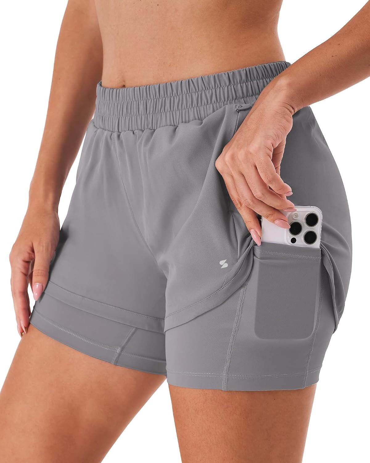 Stelle Women 2 in 1 Running Shorts High Waisted Athletic Shorts Gym Workout Shorts with Liner Zipper Pockets(Smoke Grey)