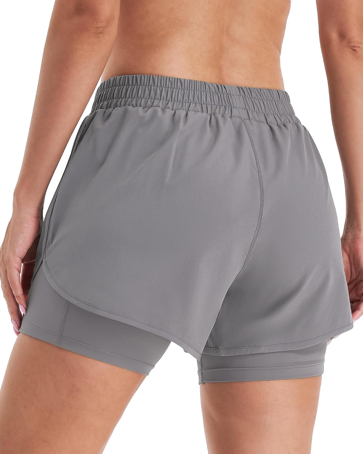 Stelle Women 2 in 1 Running Shorts High Waisted Athletic Shorts Gym Workout Shorts with Liner Zipper Pockets(Smoke Grey)
