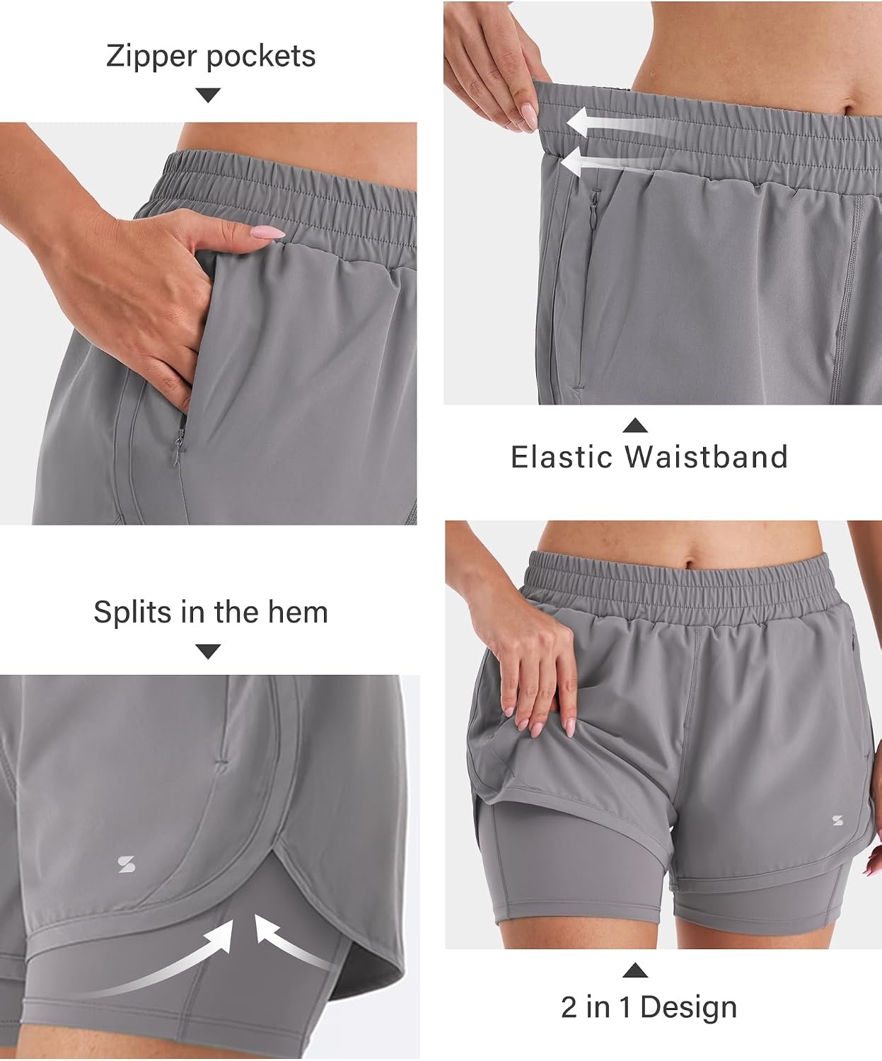 Stelle Women 2 in 1 Running Shorts High Waisted Athletic Shorts Gym Workout Shorts with Liner Zipper Pockets(Smoke Grey)