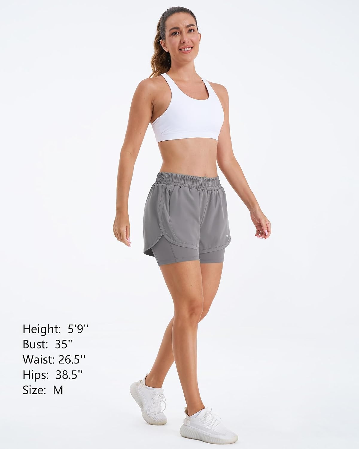 Stelle Women 2 in 1 Running Shorts High Waisted Athletic Shorts Gym Workout Shorts with Liner Zipper Pockets(Smoke Grey)