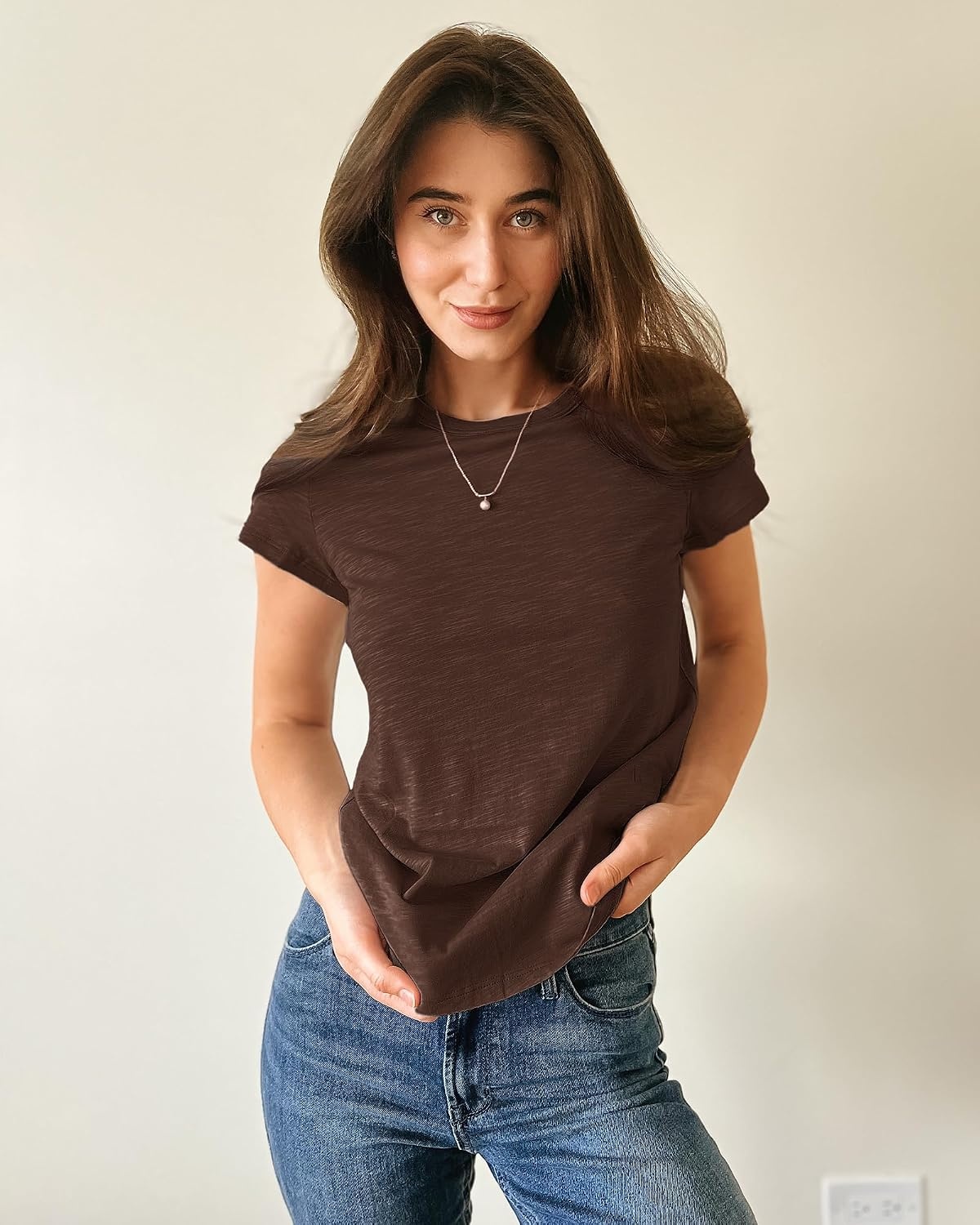 Stelle Womens Modal Soft Crewneck Short Sleeve T Shirts Summer Casual Basic Tops Tees(Cocoa)