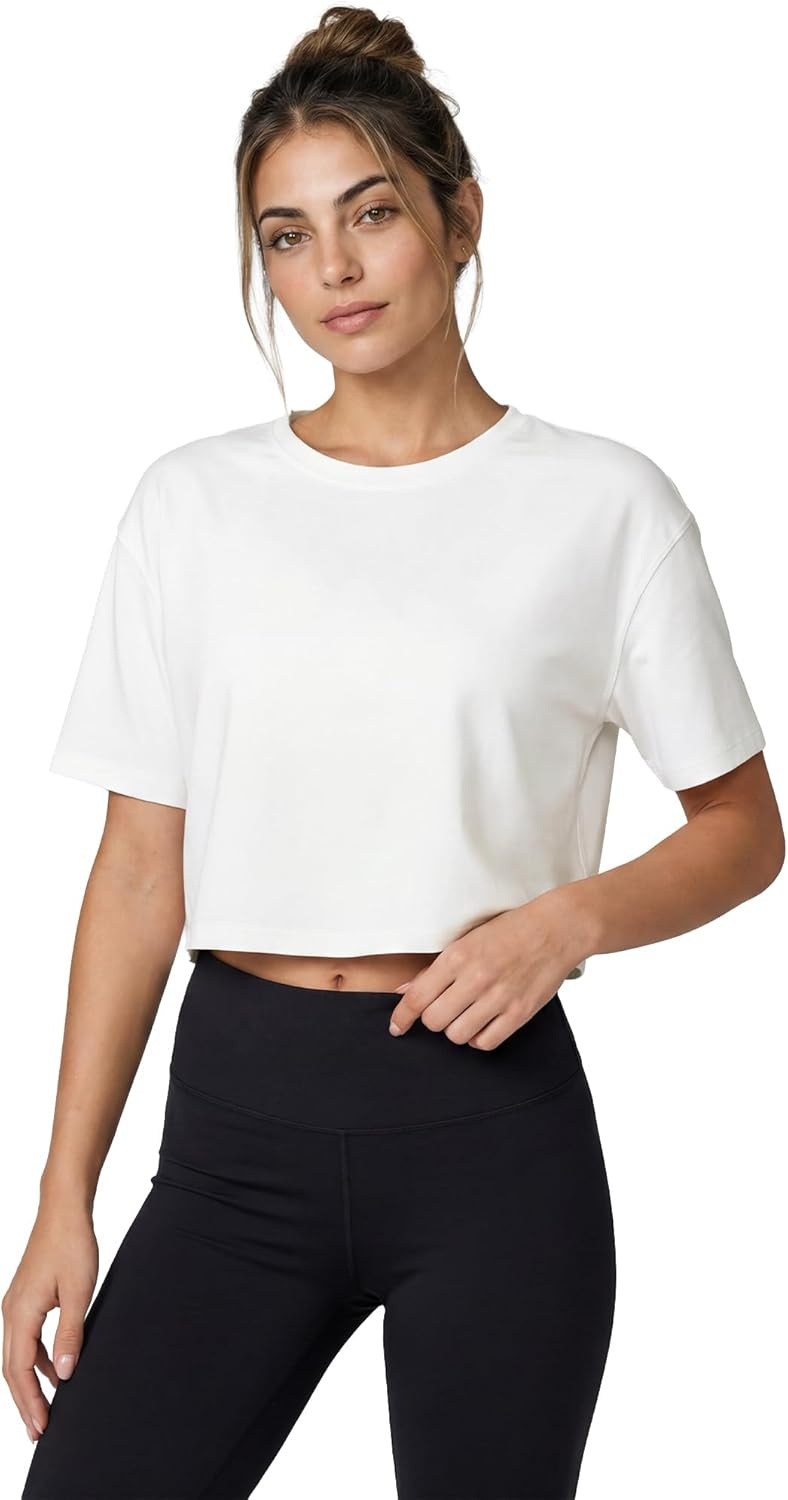 Stelle Womens Crop Top Loose Short Sleeve Shirt Breathable Quick Dry UPF 50+ Oversized Workout Boxy Tee for Running Athletic White Large