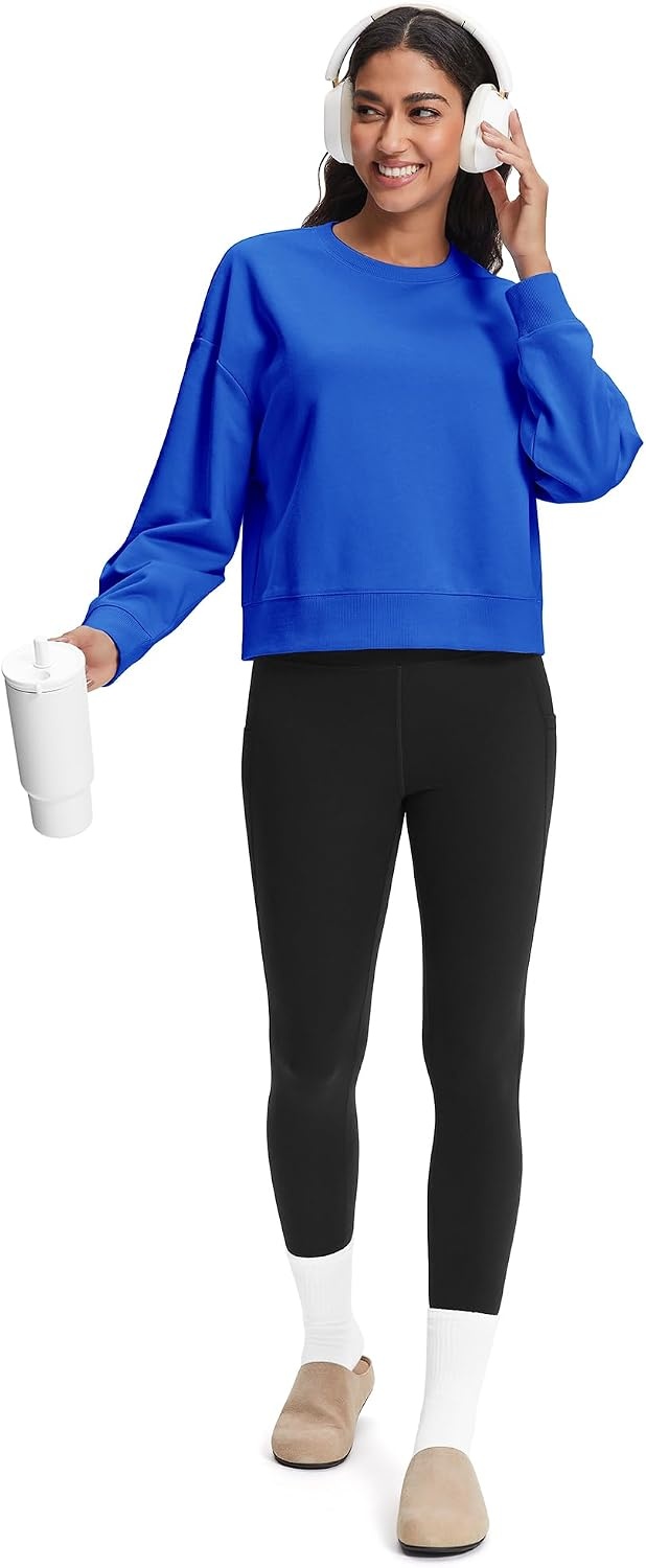 Stelle Women’s Cropped Crewneck Sweatshirt Relaxed Fit Casual Everyday | Soft lining, Ribbed cuffs, Lightweight warmth, Layering essential, Lounge, Travel, Streetwear(Electric Blue)