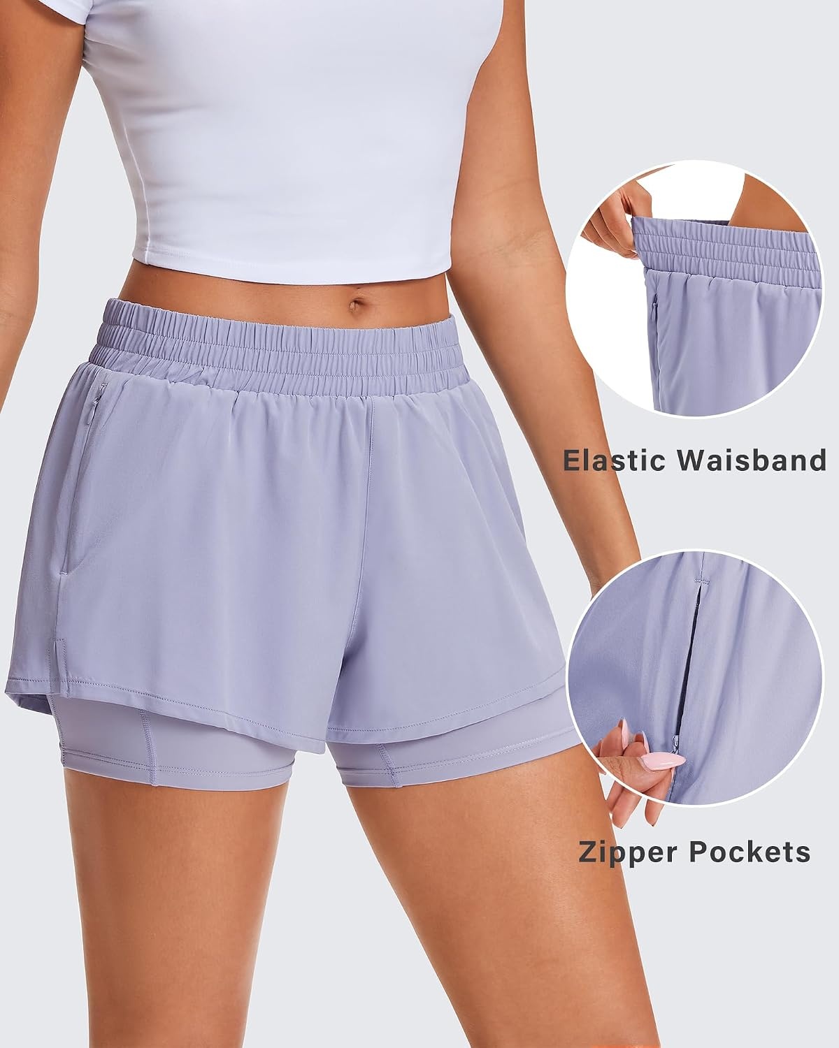 Stelle Women’s 2 in 1 Running Shorts Athletic Workout Gym Shorts High Waisted Shorts with Liner Zipper Pockets(Purple Haze)