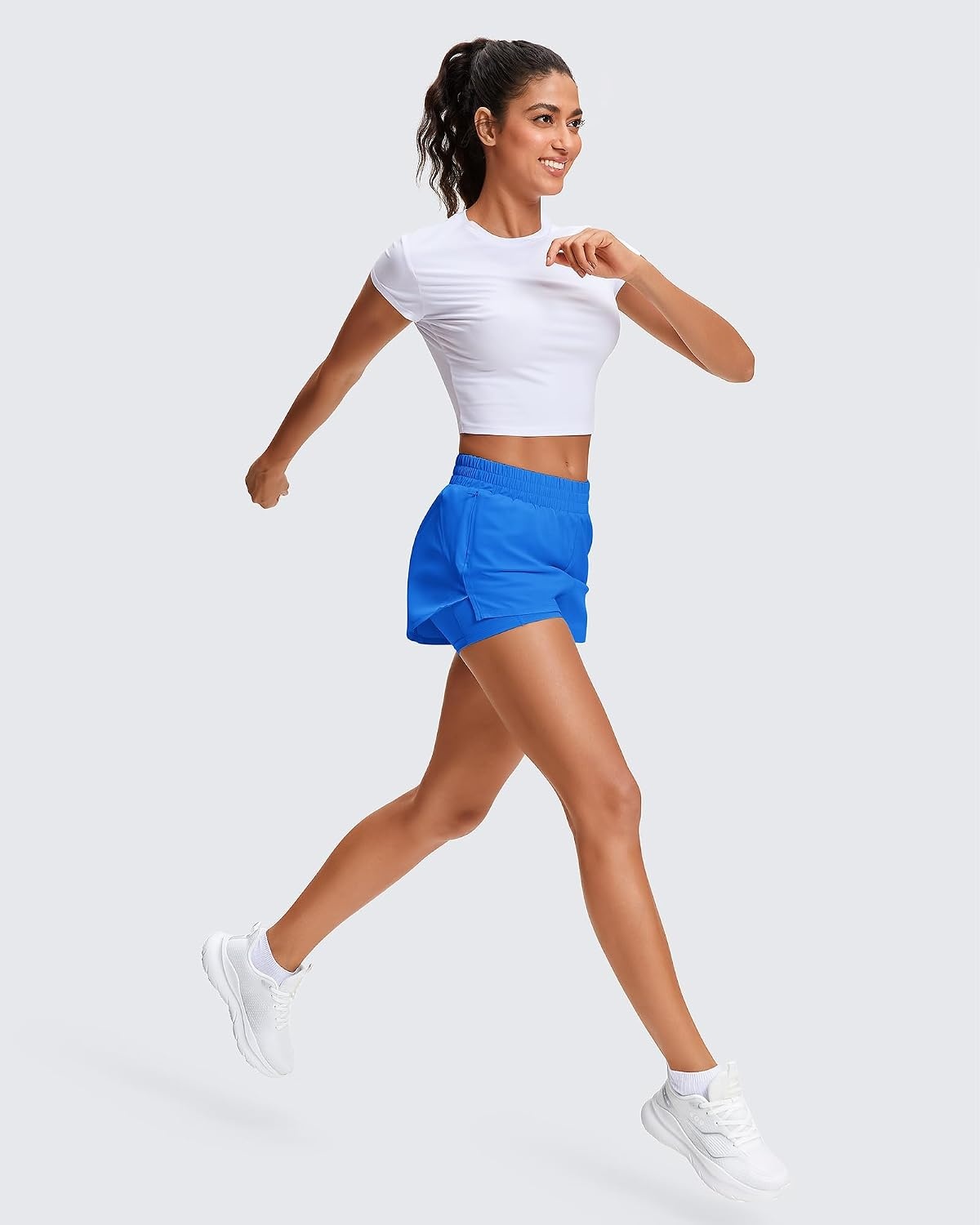 Stelle Women’s 2 in 1 Running Shorts Athletic Workout Gym Shorts High Waisted Shorts with Liner Zipper Pockets(Sapphire)