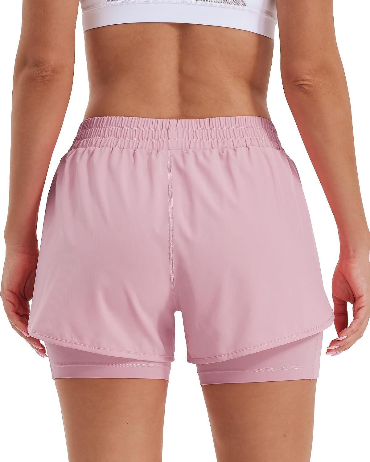 Stelle Women 2 in 1 Running Shorts High Waisted Athletic Shorts Gym Workout Shorts with Liner Zipper Pockets(Pink)