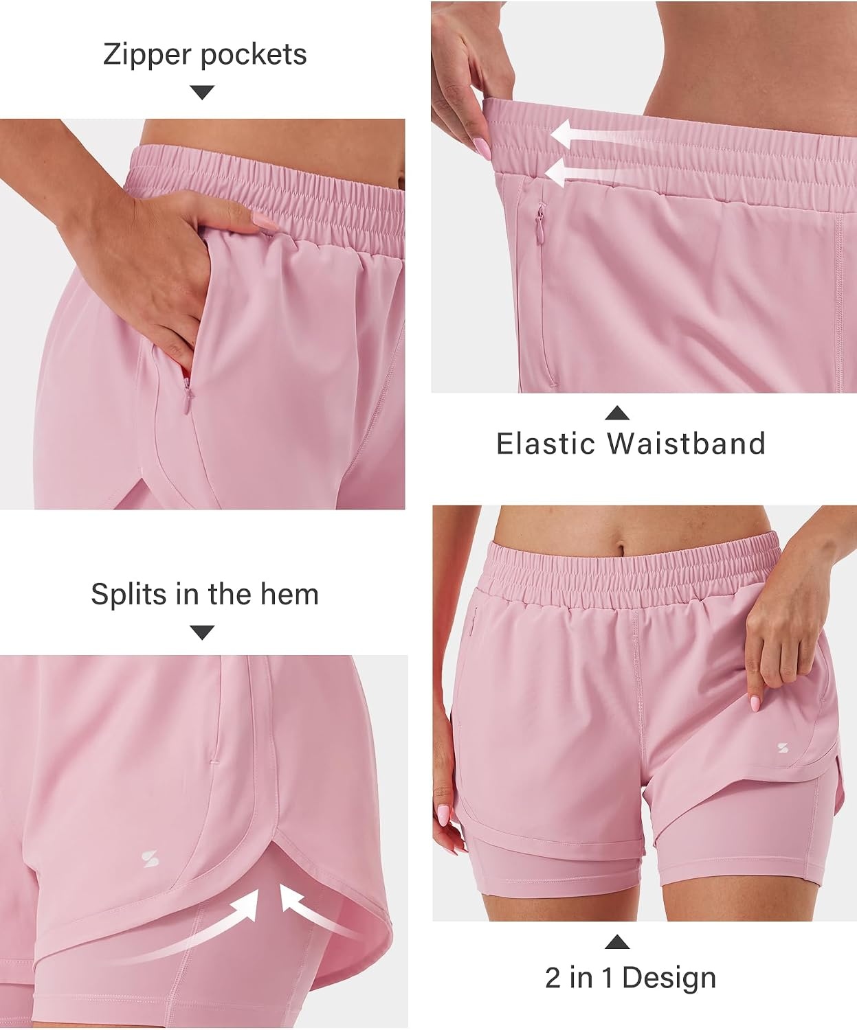 Stelle Women 2 in 1 Running Shorts High Waisted Athletic Shorts Gym Workout Shorts with Liner Zipper Pockets(Pink)