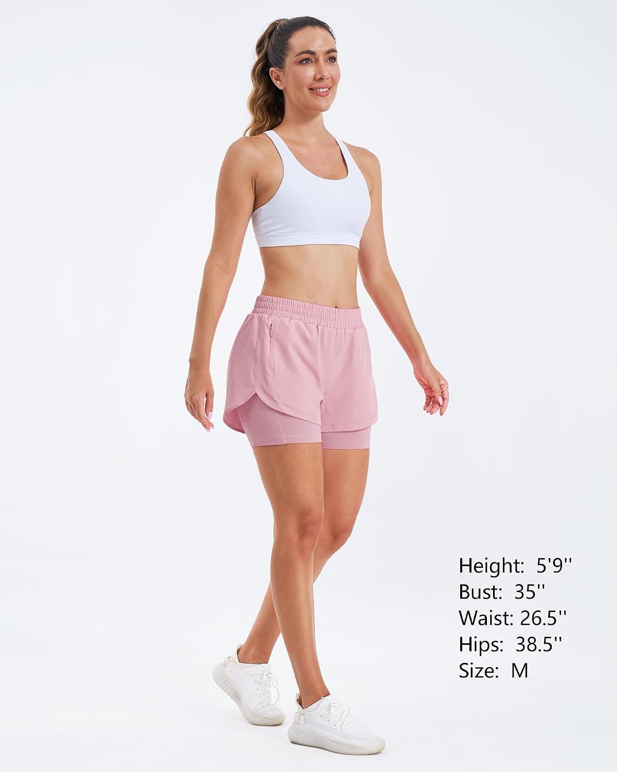 Stelle Women 2 in 1 Running Shorts High Waisted Athletic Shorts Gym Workout Shorts with Liner Zipper Pockets(Pink)