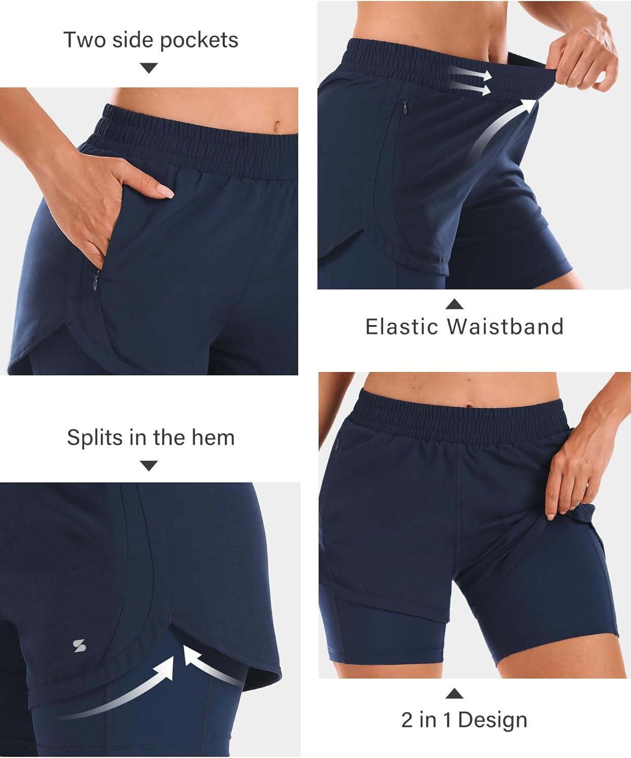 Stelle Women 2 in 1 Running Shorts High Waisted Athletic Shorts Gym Workout Shorts with Liner Zipper Pockets(Navy)