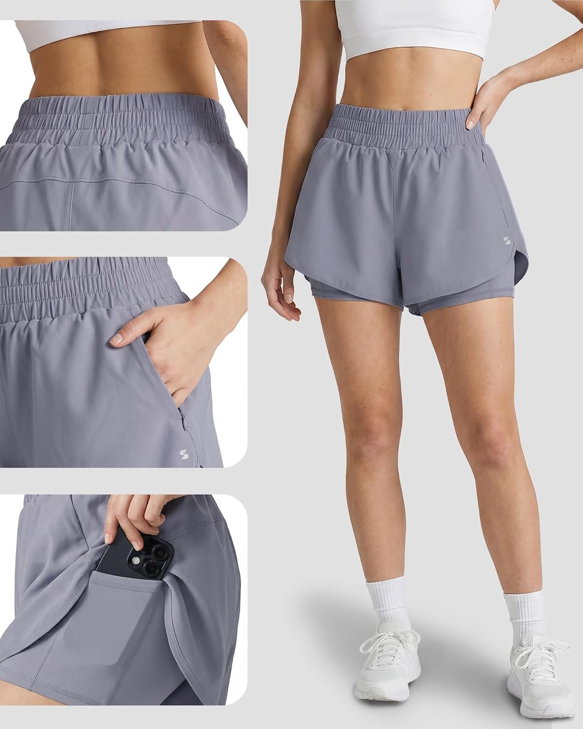 Stelle 2 in 1 Womens Running Shorts High Waisted Athletic Workout Gym Short with Zip Pockets(Purple Haze)