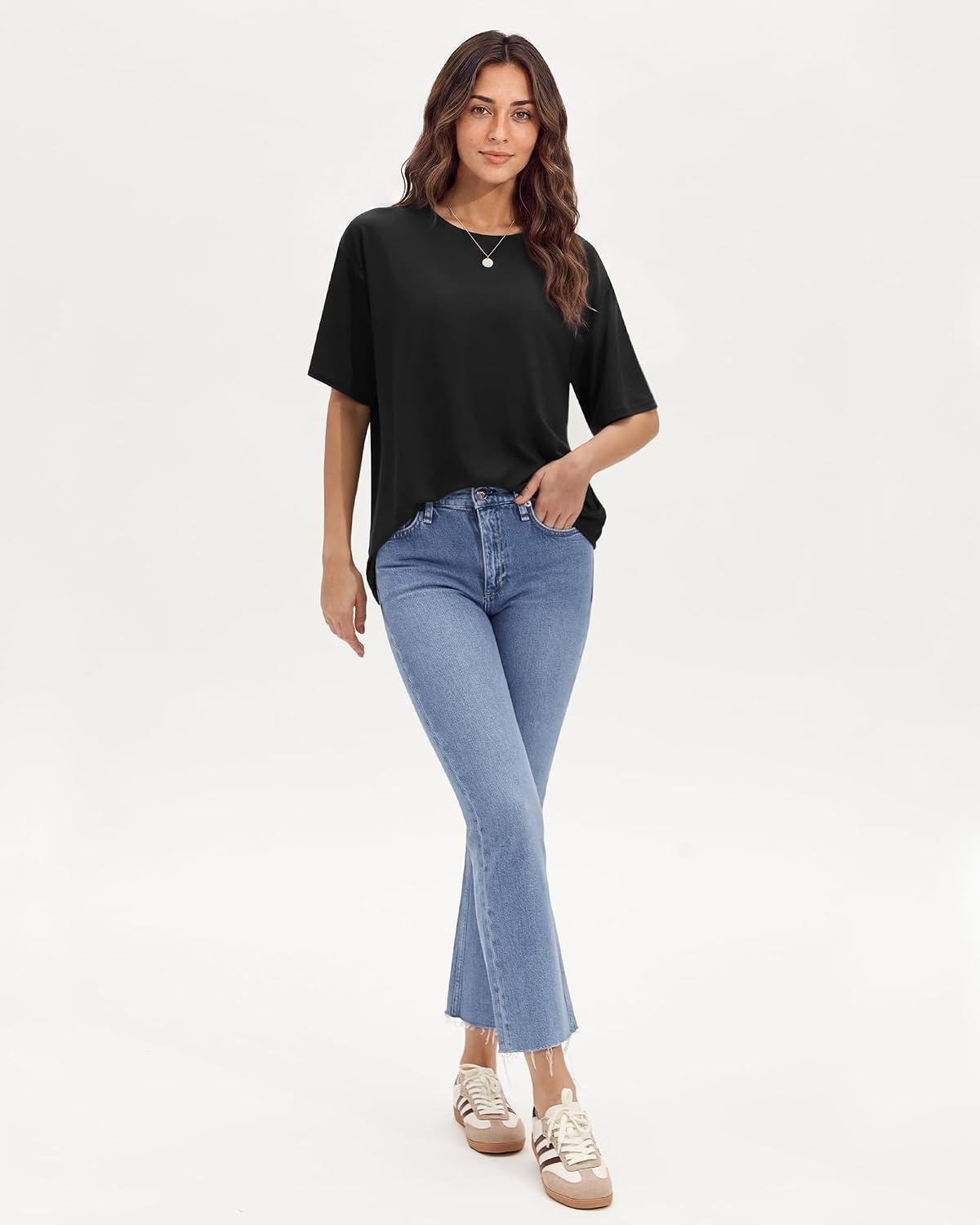 Stelle Womens Oversized Tee Shirts Loose Fit Buttery Soft Tshirt Casual Top(Black)