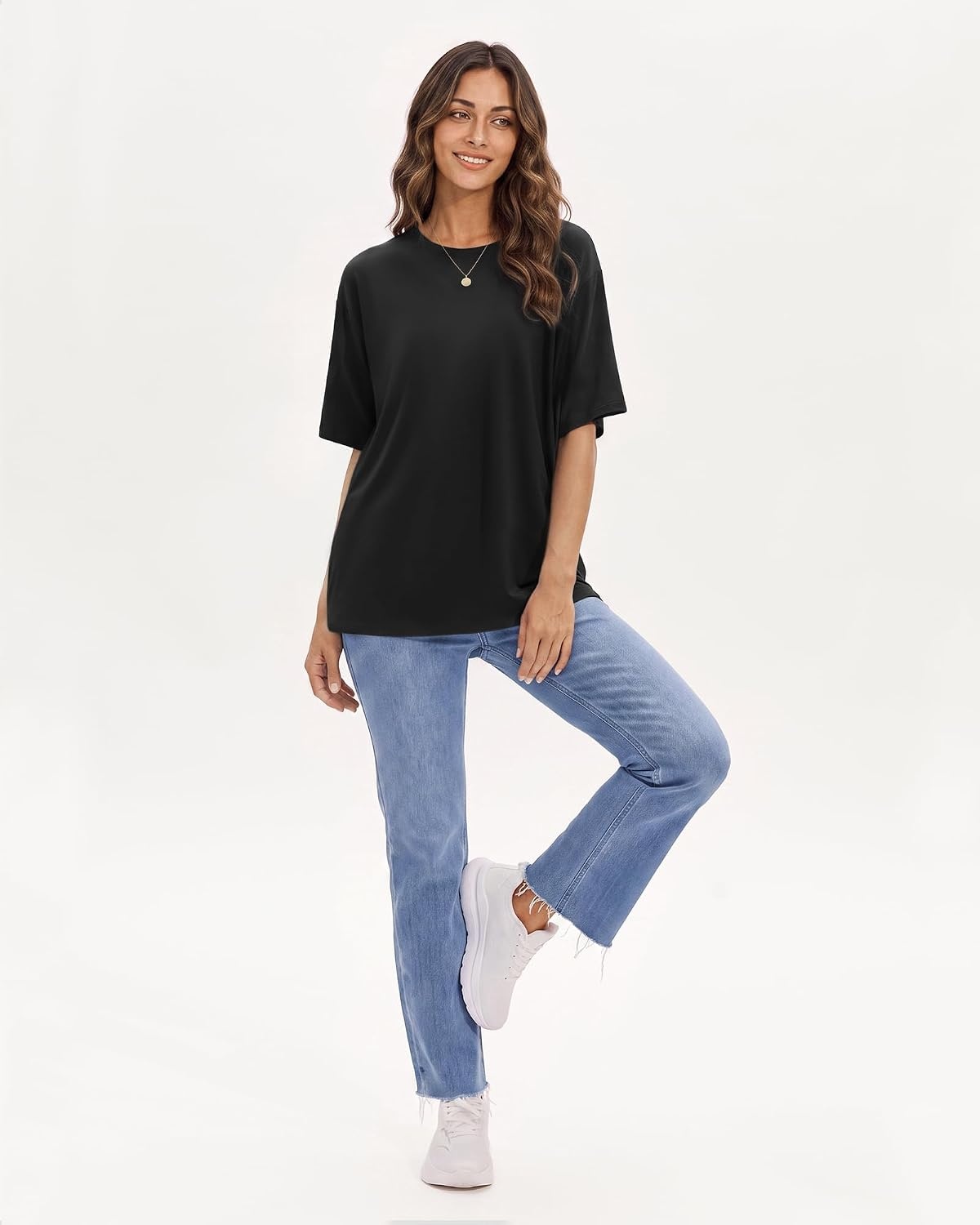 Stelle Womens Oversized Tee Shirts Loose Fit Buttery Soft Tshirt Casual Top(Black)