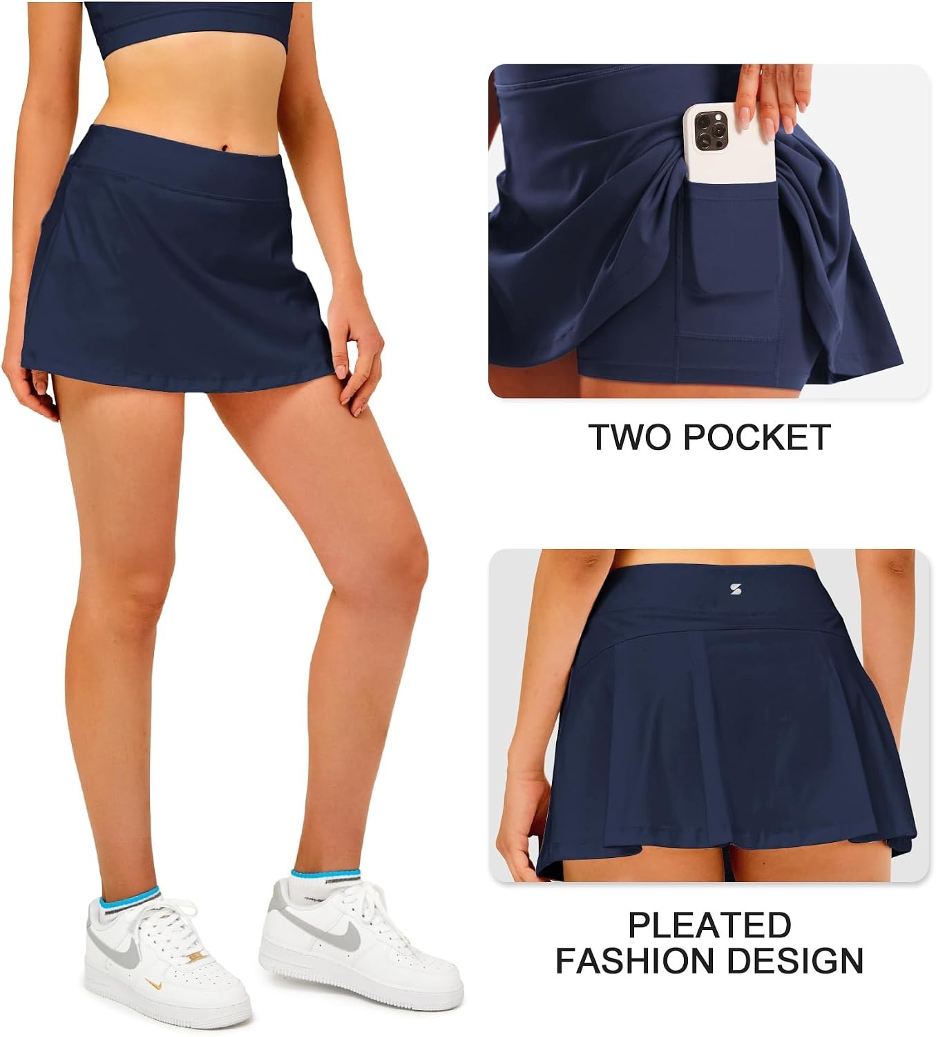 Stelle Women Tennis Skirt High Waisted Athletic Golf Skorts with Pockets | Tummy Control, Built-In Shorts, Deep Pockets, Pleated, Breathable, Lightweight, Tennis, Golf, Pickleball, Running, Workout(Navy)