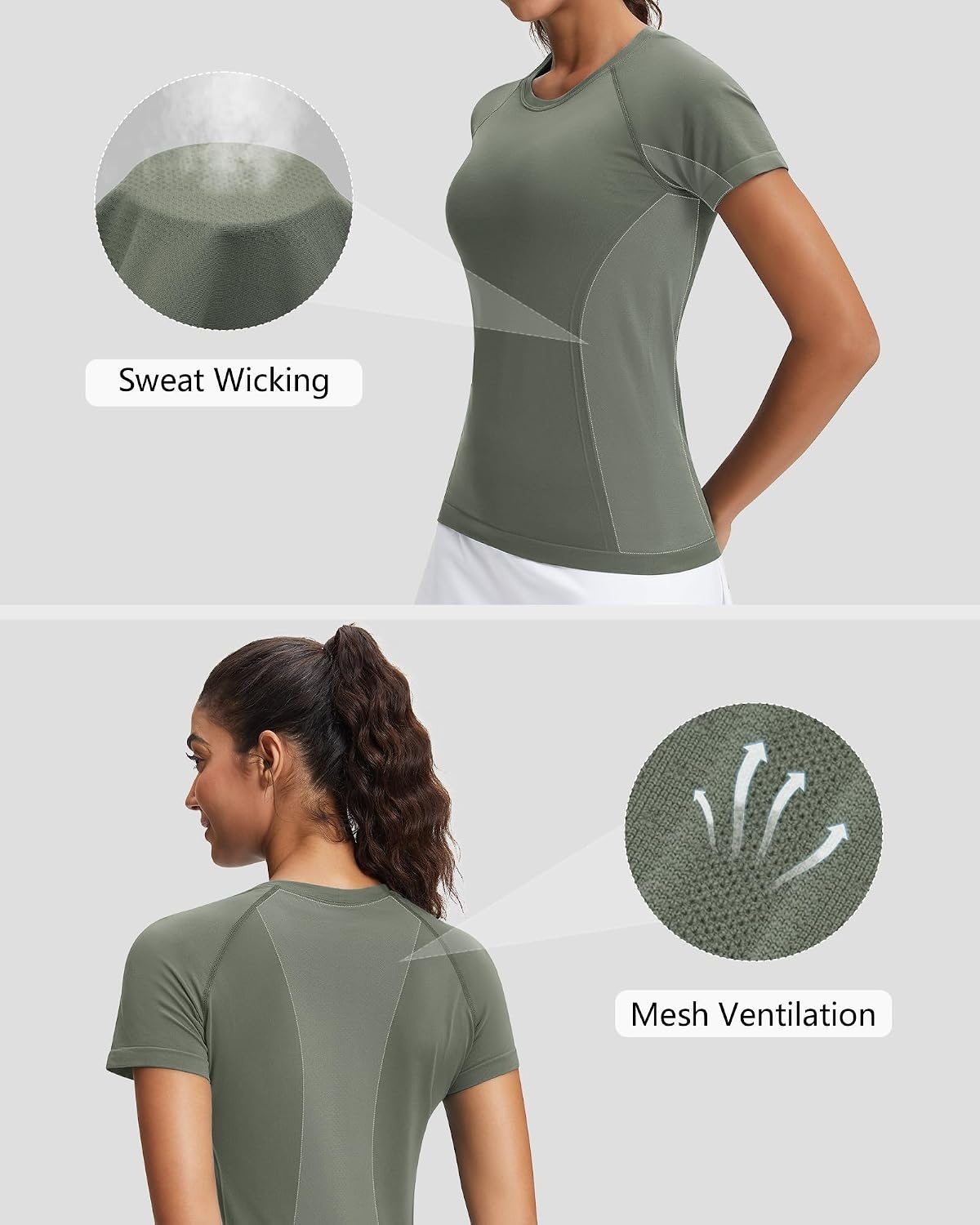 Stelle Womens Workout Tops Short Sleeve Seamless Athletic Shirts Yoga Gym Running T-Shirts(Sage Green)