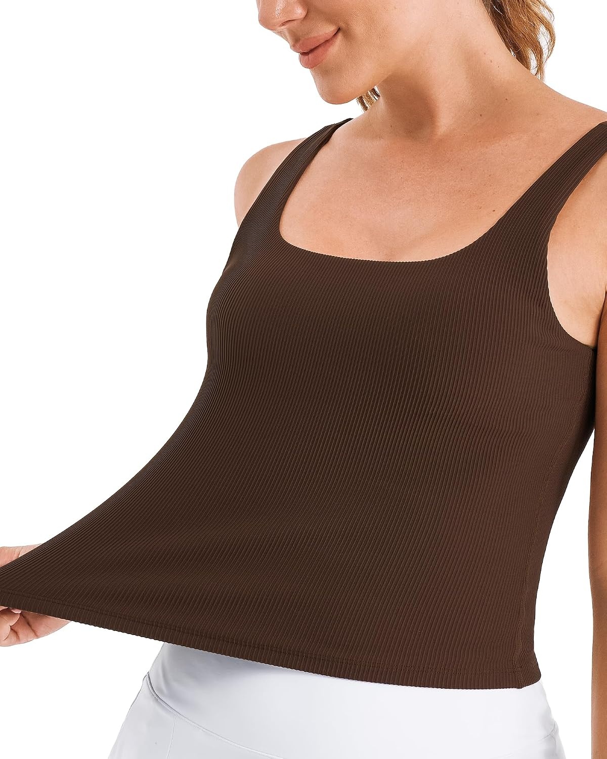 Stelle Women’s Ribbed Tank Tops Seamless Padded Workout Crop Top Sleeveless Square Neck Cami Basic Shirts(Cocoa)
