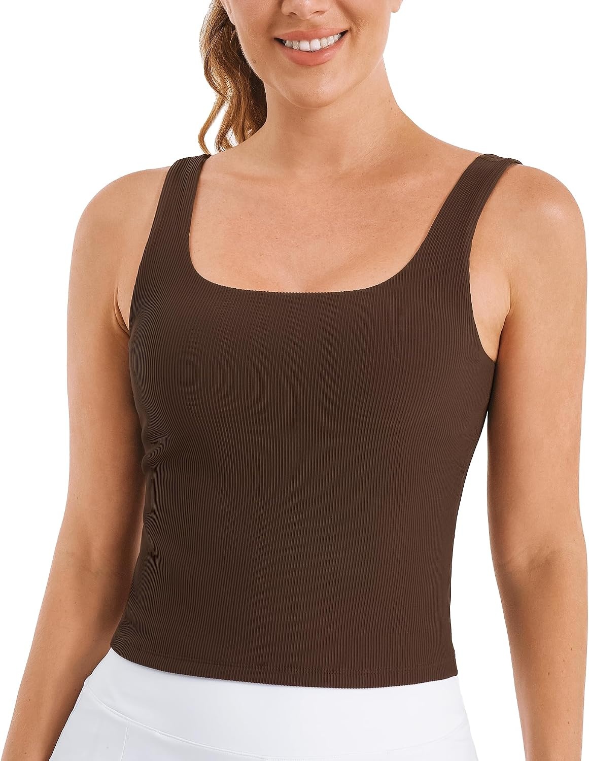 Stelle Women’s Ribbed Tank Tops Seamless Padded Workout Crop Top Sleeveless Square Neck Cami Basic Shirts(Cocoa)