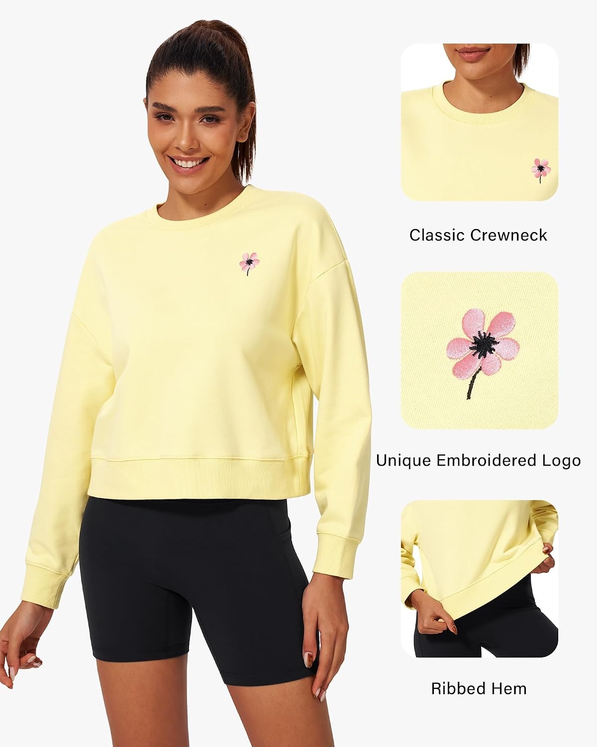 Stelle Cropped Sweatshirt for Women Crewneck Pullover Tops Oversized Long Sleeve Lightweight Casual Cotton Sweat Shirts(Pina Colada)